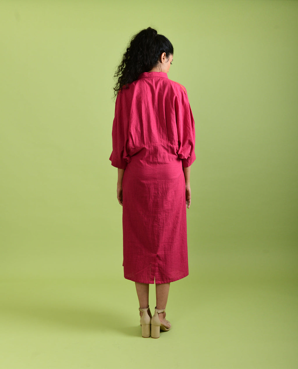 Viva Magenta Midi Dress at Kamakhyaa by Rias Jaipur. This item is Best Selling, Casual Wear, Handloom Cotton, Handspun, Handwoven, Hue, Midi Dresses, Pink, Regular Fit, Shirt Dresses, Solids, Stripes, Womenswear