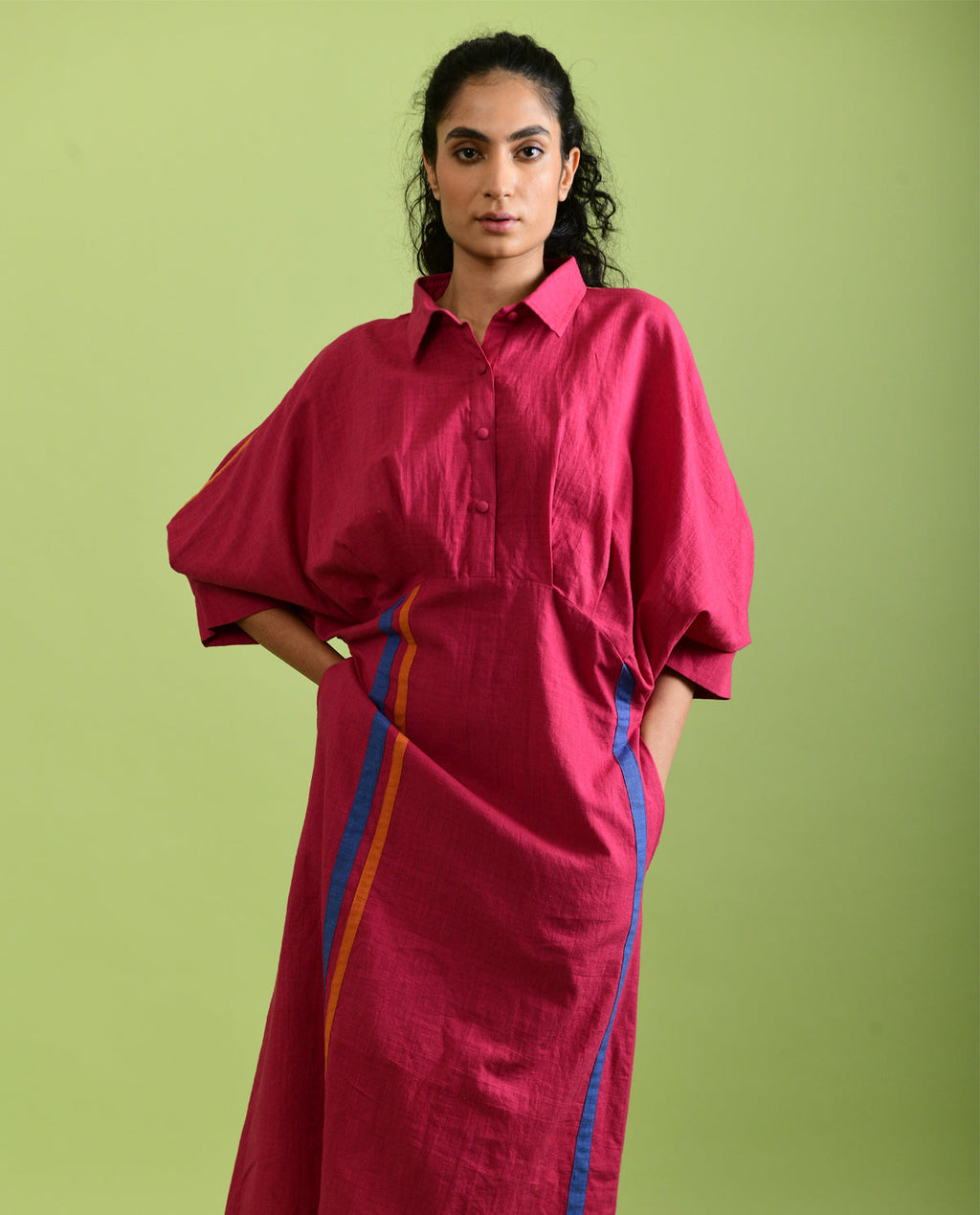 Viva Magenta Midi Dress at Kamakhyaa by Rias Jaipur. This item is Best Selling, Casual Wear, Handloom Cotton, Handspun, Handwoven, Hue, Midi Dresses, Pink, Regular Fit, Shirt Dresses, Solids, Stripes, Womenswear