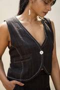 Waistcoat at Kamakhyaa by Lafaani. This item is 100% pure cotton, Black, Casual Wear, Natural with azo free dyes, Organic, Regular Fit, Solids, Sonder, Waistcoat, Womenswear