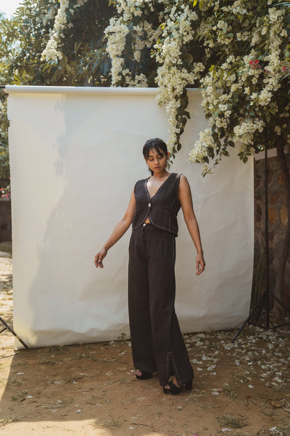 Waistcoat & Side Slit Pants at Kamakhyaa by Lafaani. This item is 100% pure cotton, Black, Casual Wear, Natural with azo free dyes, Organic, Regular Fit, Solids, Sonder, Travel Co-ords, Womenswear