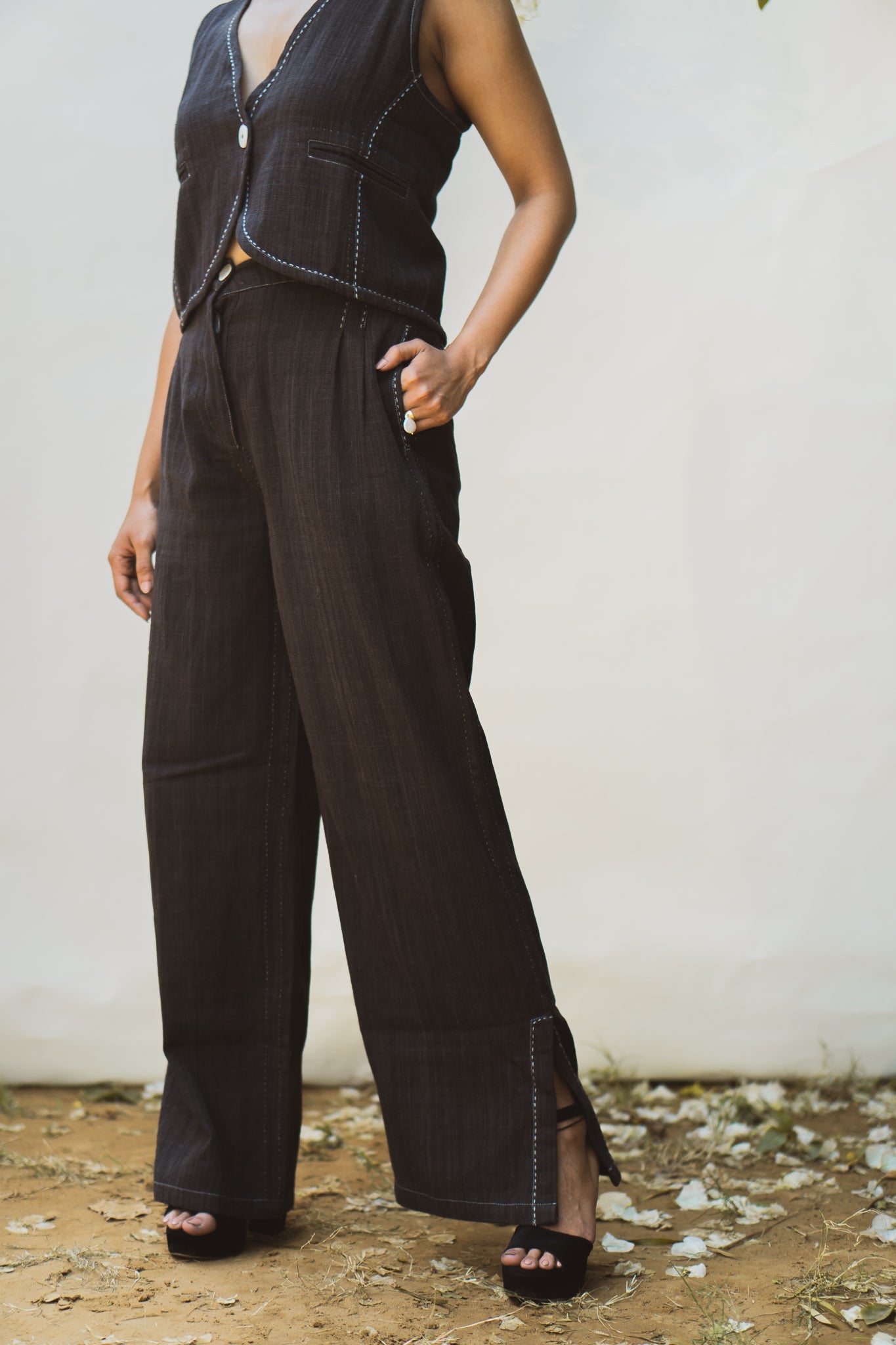 Waistcoat & Side Slit Pants at Kamakhyaa by Lafaani. This item is 100% pure cotton, Black, Casual Wear, Natural with azo free dyes, Organic, Regular Fit, Solids, Sonder, Travel Co-ords, Womenswear