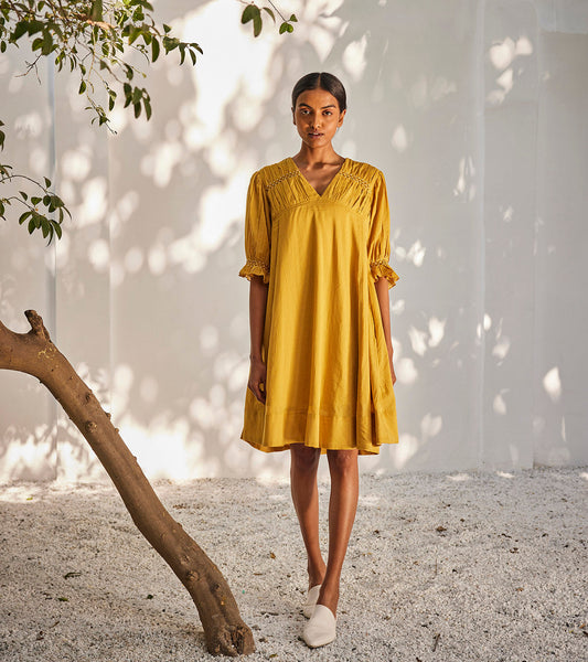 Warm afternoon dress at Kamakhyaa by Khara Kapas. This item is Casual Wear, Mini Dresses, Mul Cotton, Oh! Sussana Spring 2023, Organic, Relaxed Fit, Solids, Tiered Dresses, Womenswear, Yellow
