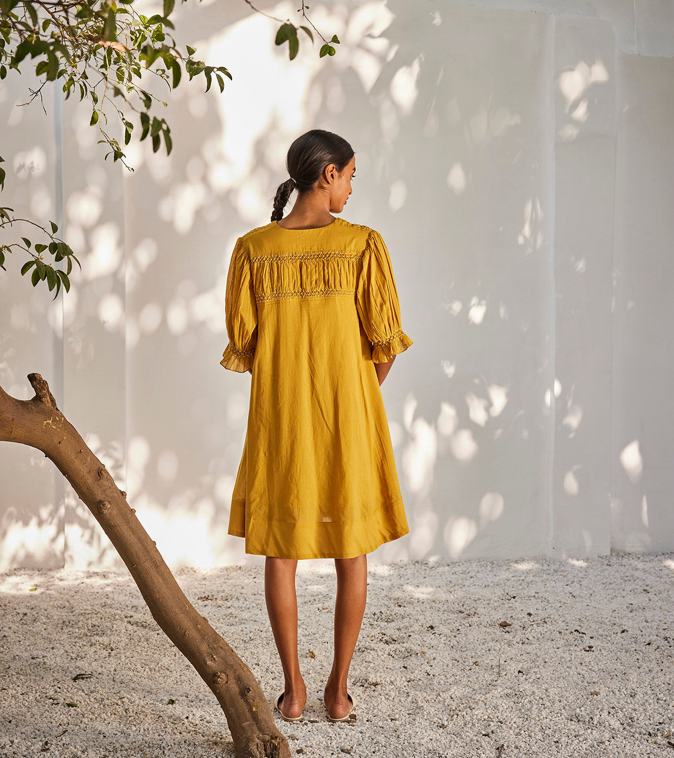 Warm afternoon dress at Kamakhyaa by Khara Kapas. This item is Casual Wear, Mini Dresses, Mul Cotton, Oh! Sussana Spring 2023, Organic, Relaxed Fit, Solids, Tiered Dresses, Womenswear, Yellow