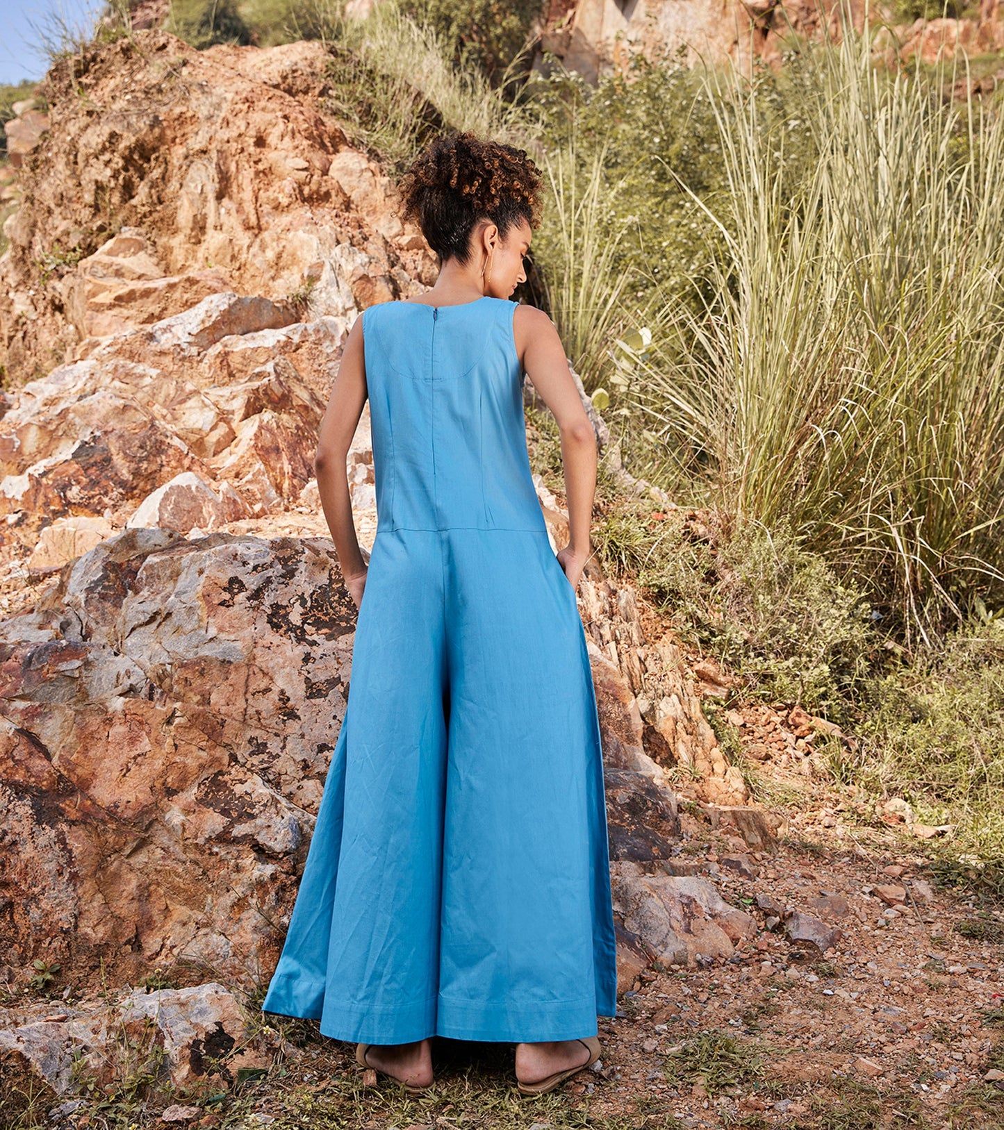 Whisper Of Air Jumpsuit at Kamakhyaa by Khara Kapas. This item is Blue, Casual Wear, Jumpsuits, Organic, Prints, Regular Fit, Solid Selfmade, Twill Weave Cotton, Under The Autumn Moon A/W 2022, Womenswear