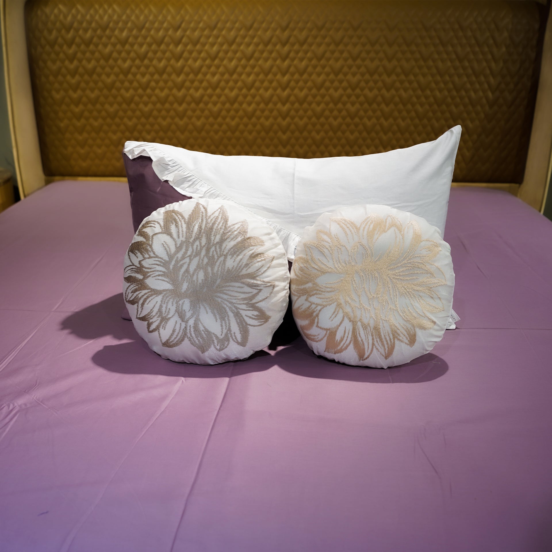 Whispering Lily Bed Cover with Pillow Covers & Cushion/s at Kamakhyaa by Aetherea. This item is Bed Covers, Cushion, Flower, Frills, Home, Lavender, Purple, Upcycled, White