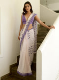 White And Lavender Cotton Saree Set at Kamakhyaa by Taro. This item is Cotton, Evening Wear, Gulzar Taro, Indian Wear, July Sale, July Sale 2023, Natural, Prints, Regular Fit, Saree Sets, White, Womenswear