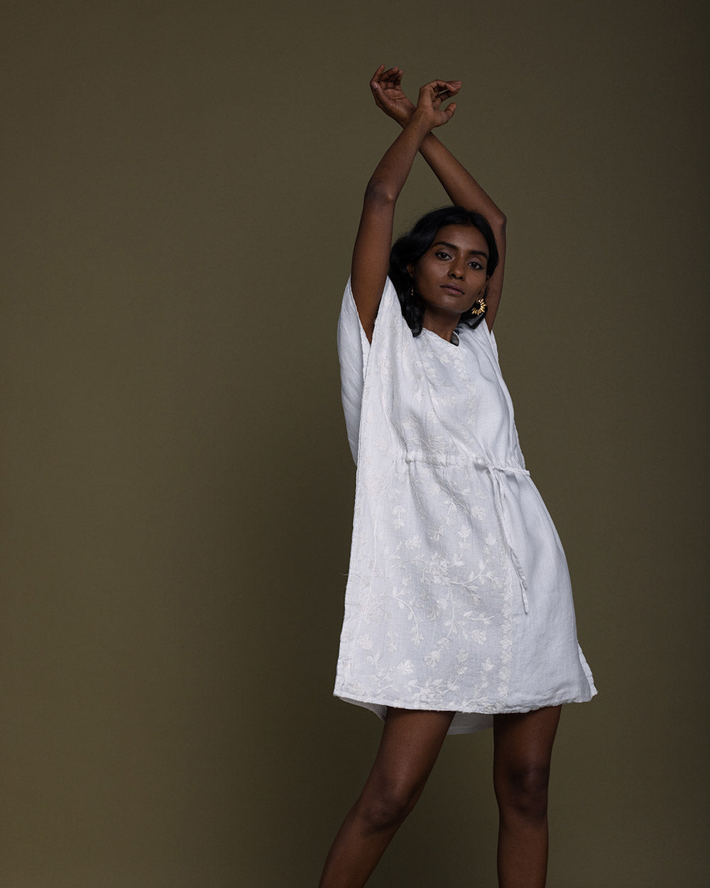 White August Breeze Kaftan Dress - Coconut White at Kamakhyaa by Reistor. This item is Best Selling, Casual Wear, Embroidered, Hemp, Kaftans, Mini Dresses, Natural, Solid Selfmade, White, Womenswear