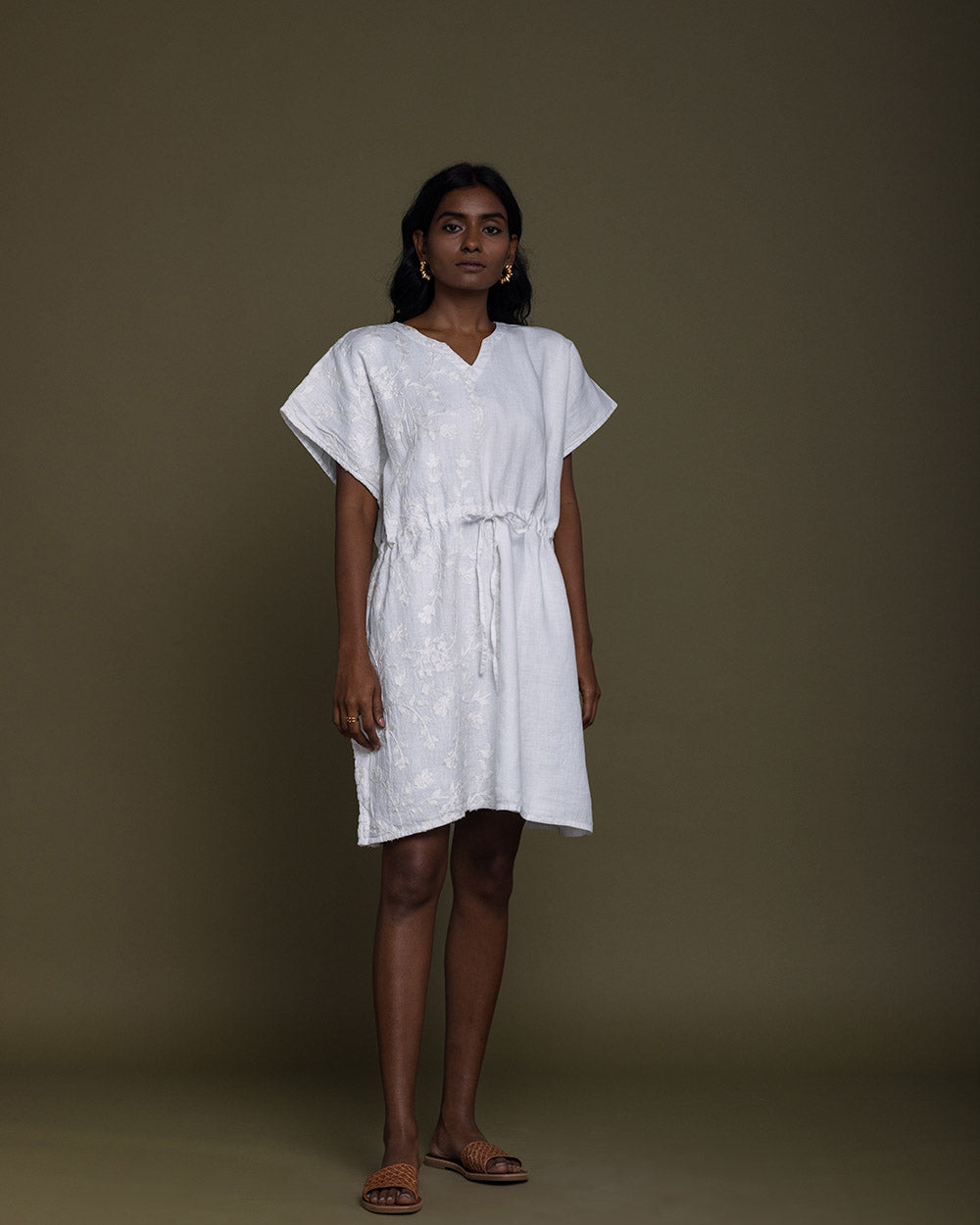 White August Breeze Kaftan Dress - Coconut White at Kamakhyaa by Reistor. This item is Best Selling, Casual Wear, Embroidered, Hemp, Kaftans, Mini Dresses, Natural, Solid Selfmade, White, Womenswear