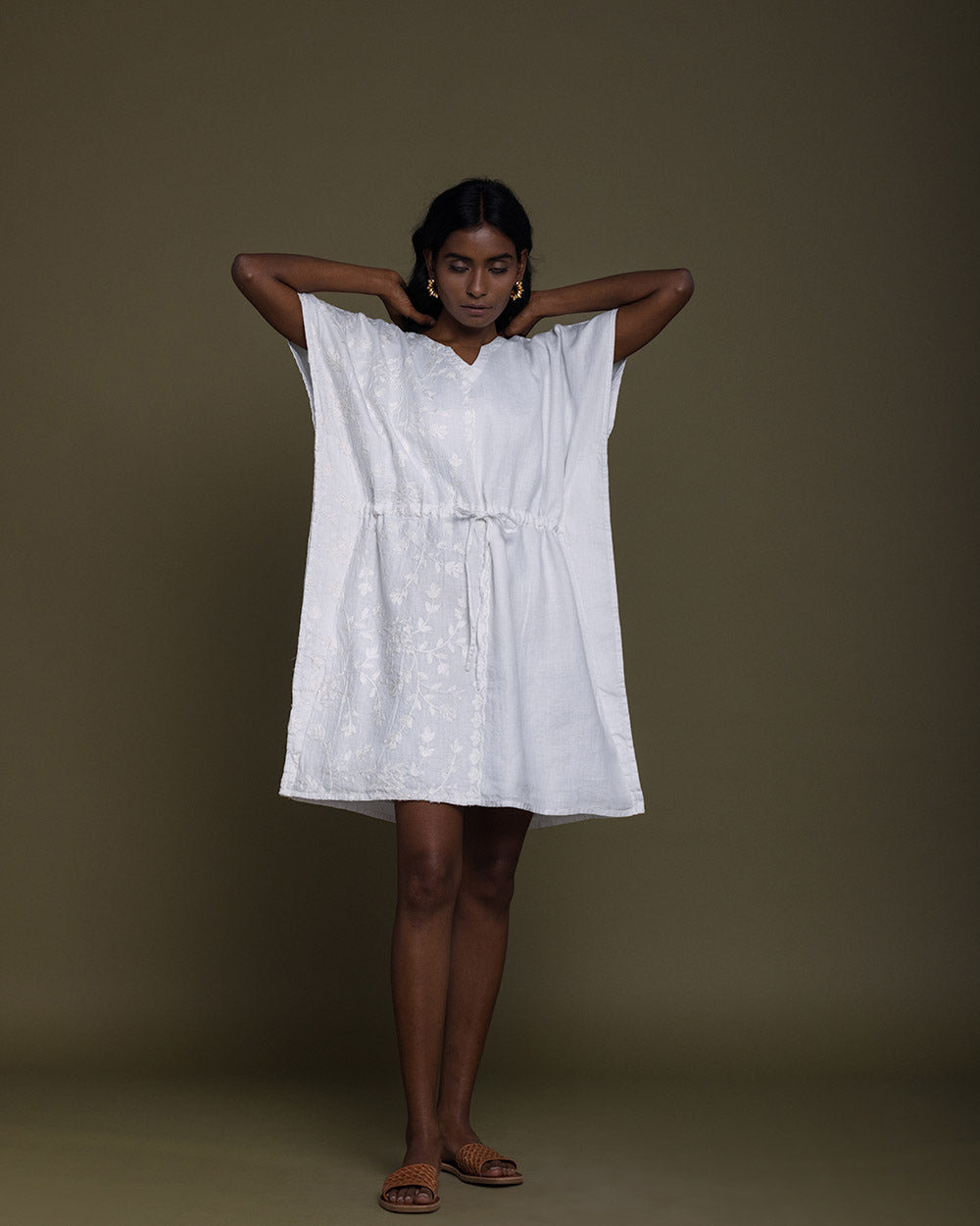 White August Breeze Kaftan Dress - Coconut White at Kamakhyaa by Reistor. This item is Best Selling, Casual Wear, Embroidered, Hemp, Kaftans, Mini Dresses, Natural, Solid Selfmade, White, Womenswear