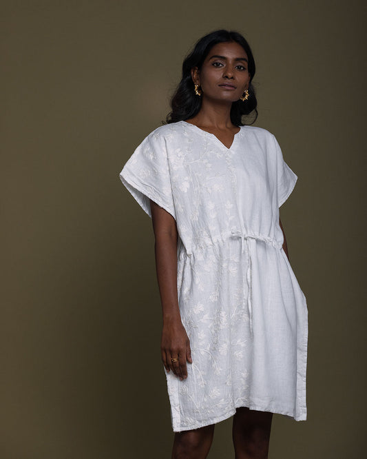 White August Breeze Kaftan Dress - Coconut White at Kamakhyaa by Reistor. This item is Best Selling, Casual Wear, Embroidered, Hemp, Kaftans, Mini Dresses, Natural, Solid Selfmade, White, Womenswear