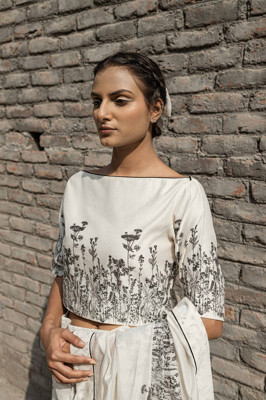 White Boat Neck Top at Kamakhyaa by Ahmev. This item is Boxy Fit, Casual Wear, Chanderi, Crop Tops, Ink And Ivory, Natural, Prints, White, Womenswear