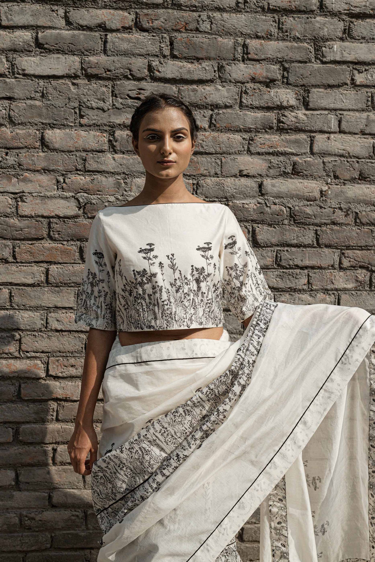 White Boat Neck Top at Kamakhyaa by Ahmev. This item is Boxy Fit, Casual Wear, Chanderi, Crop Tops, Ink And Ivory, Natural, Prints, White, Womenswear