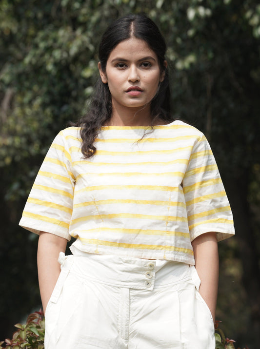 White Boatneck top at Kamakhyaa by Ahmev. This item is Casual Wear, Cotton, Crop Tops, July Sale, July Sale 2023, Natural, Relaxed Fit, Stripes, Tops, White, Womenswear, Yellow