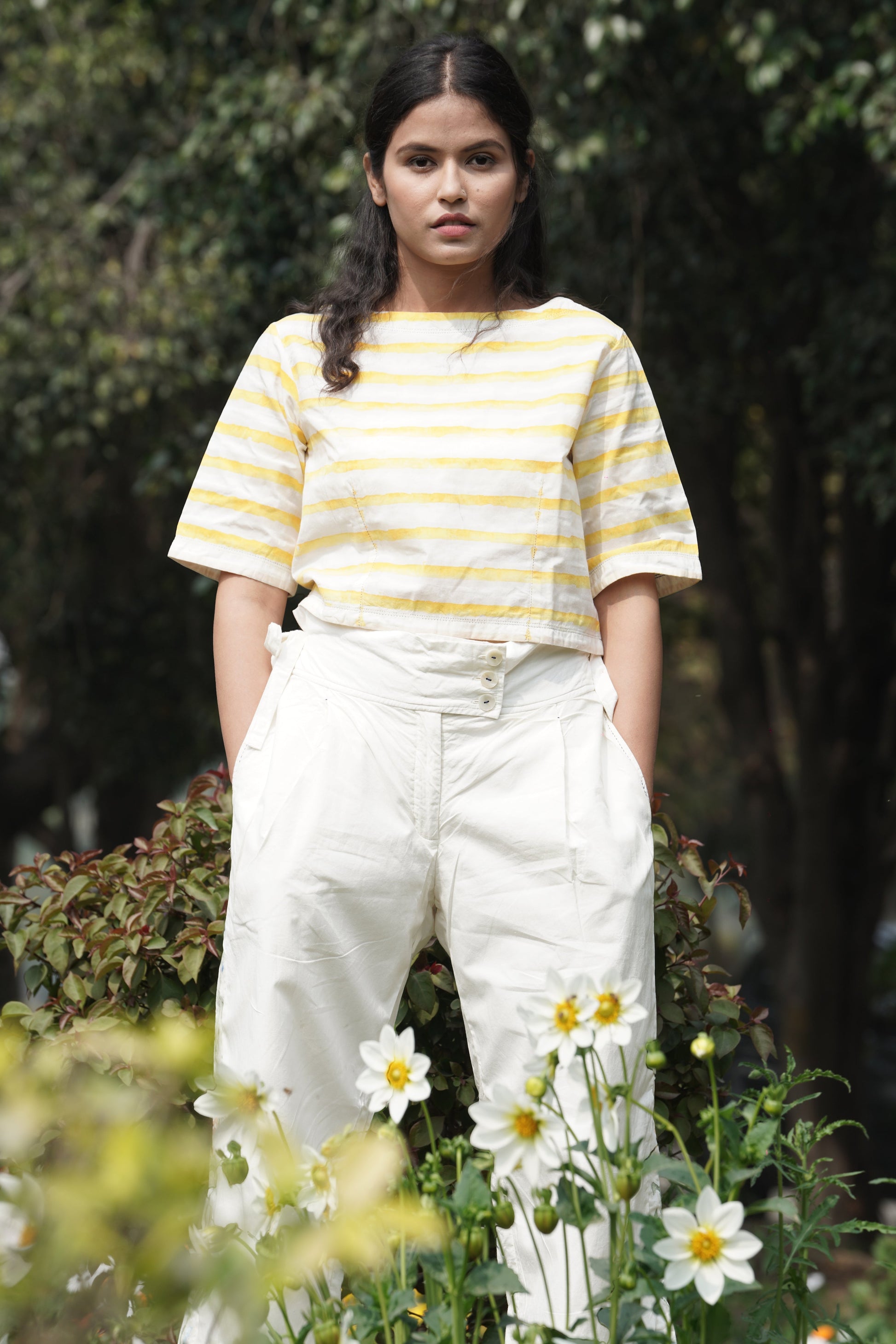 White Boatneck top at Kamakhyaa by Ahmev. This item is Casual Wear, Cotton, Crop Tops, July Sale, July Sale 2023, Natural, Relaxed Fit, Stripes, Tops, White, Womenswear, Yellow