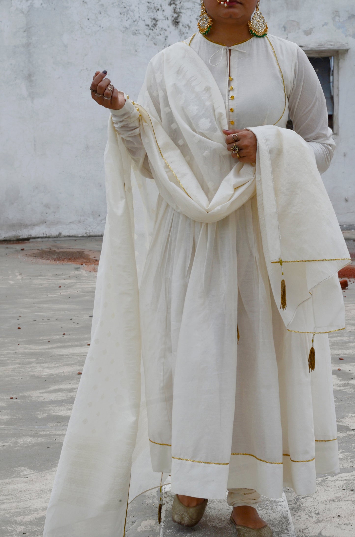 White Chanderi Anakali with Dupatta at Kamakhyaa by Ahmev. This item is Chanderi Silk, Co-ord Sets, Cotton, Embellished, Evening Wear, Festive Wear, Kurta Set with Dupattas, Party Wear, Regular Fit, Rumi, Solids, White, Womenswear