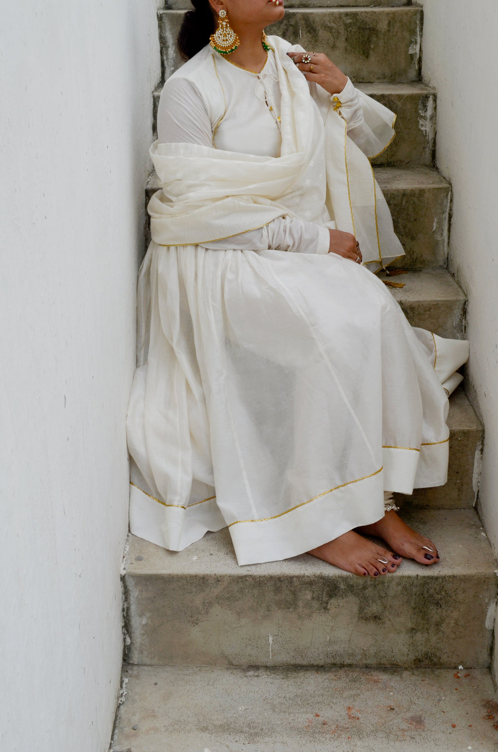 White Chanderi Anakali with Dupatta at Kamakhyaa by Ahmev. This item is Chanderi Silk, Co-ord Sets, Cotton, Embellished, Evening Wear, Festive Wear, Kurta Set with Dupattas, Party Wear, Regular Fit, Rumi, Solids, White, Womenswear