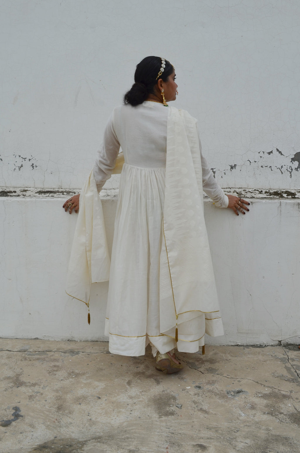 White Chanderi Anakali with Dupatta at Kamakhyaa by Ahmev. This item is Chanderi Silk, Co-ord Sets, Cotton, Embellished, Evening Wear, Festive Wear, Kurta Set with Dupattas, Party Wear, Regular Fit, Rumi, Solids, White, Womenswear