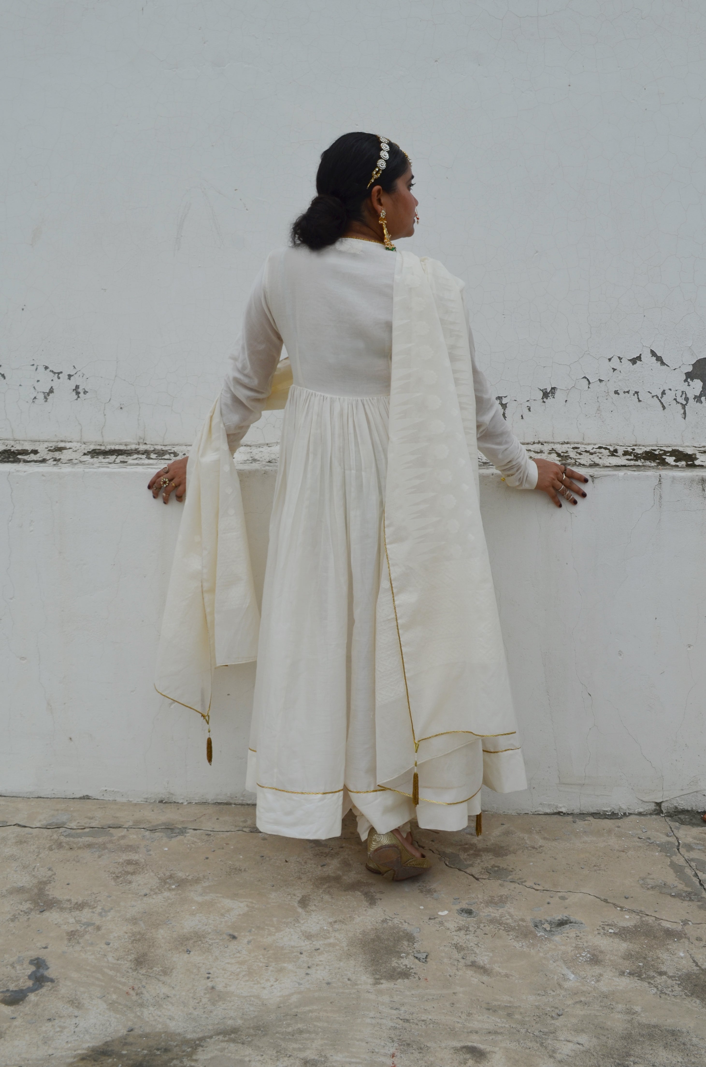 White Chanderi Anakali with Dupatta at Kamakhyaa by Ahmev. This item is Chanderi Silk, Co-ord Sets, Cotton, Embellished, Evening Wear, Festive Wear, Kurta Set with Dupattas, Party Wear, Regular Fit, Rumi, Solids, White, Womenswear