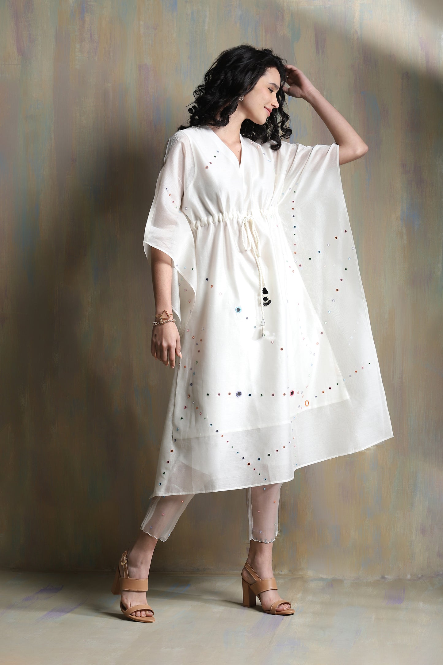 White Chanderi Kaftan Co-ord Set at Kamakhyaa by Charkhee. This item is Chanderi, Co-ord Sets, Cotton, Festive Wear, Mirror Work, Natural, party, Party Wear Co-ords, Regular Fit, Solids, White, Womenswear