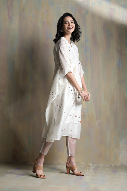 White Chanderi Kaftan Co-ord Set at Kamakhyaa by Charkhee. This item is Chanderi, Co-ord Sets, Cotton, Festive Wear, Mirror Work, Natural, party, Party Wear Co-ords, Regular Fit, Solids, White, Womenswear