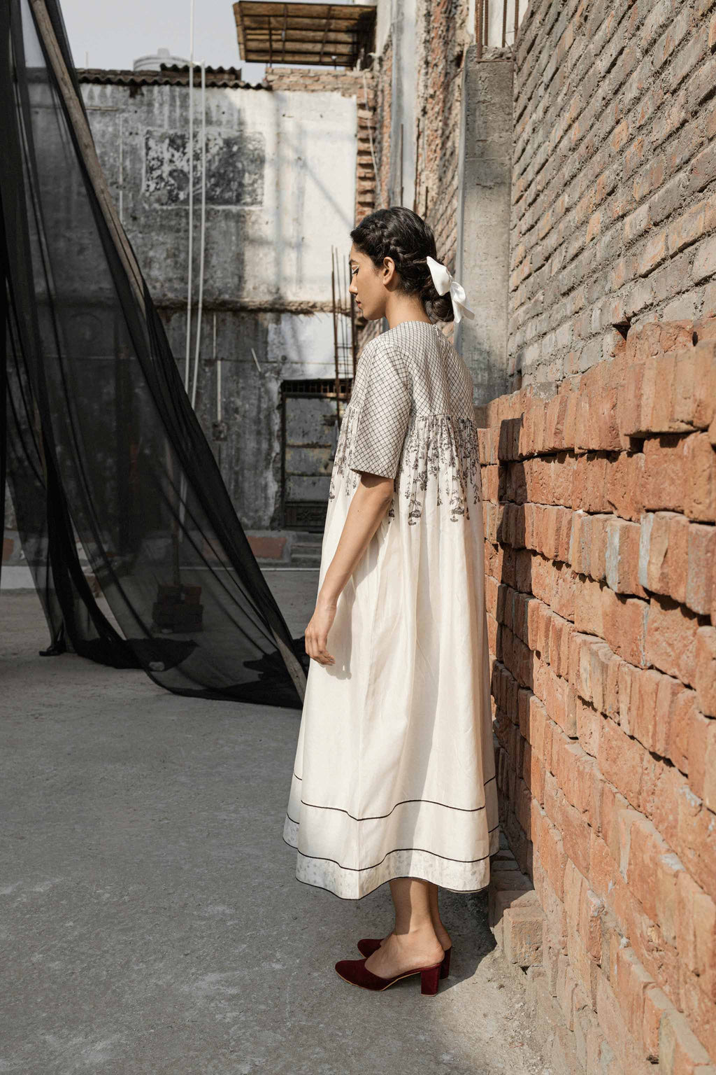 White Chanderi Maxi Dress at Kamakhyaa by Ahmev. This item is Casual Wear, Chanderi, FB ADS JUNE, Ink And Ivory, Maxi Dresses, Natural, Prints, Relaxed Fit, White, Womenswear
