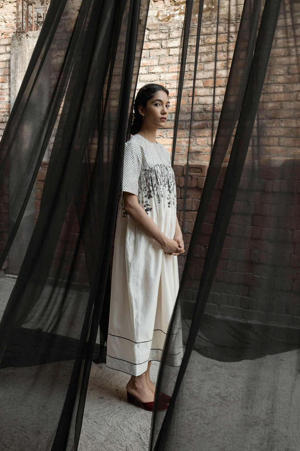 White Chanderi Maxi Dress at Kamakhyaa by Ahmev. This item is Casual Wear, Chanderi, FB ADS JUNE, Ink And Ivory, Maxi Dresses, Natural, Prints, Relaxed Fit, White, Womenswear