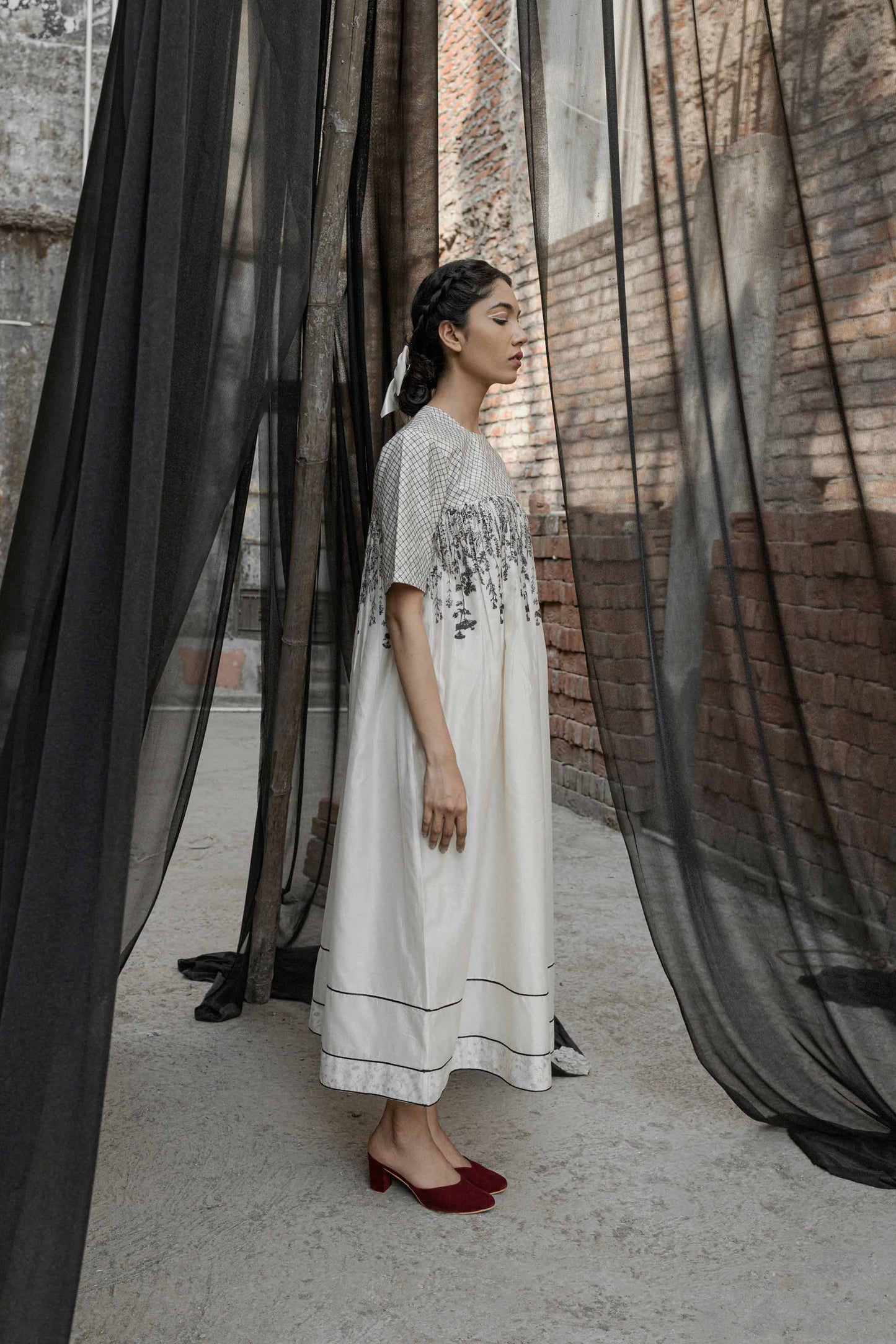 White Chanderi Maxi Dress at Kamakhyaa by Ahmev. This item is Casual Wear, Chanderi, FB ADS JUNE, Ink And Ivory, Maxi Dresses, Natural, Prints, Relaxed Fit, White, Womenswear