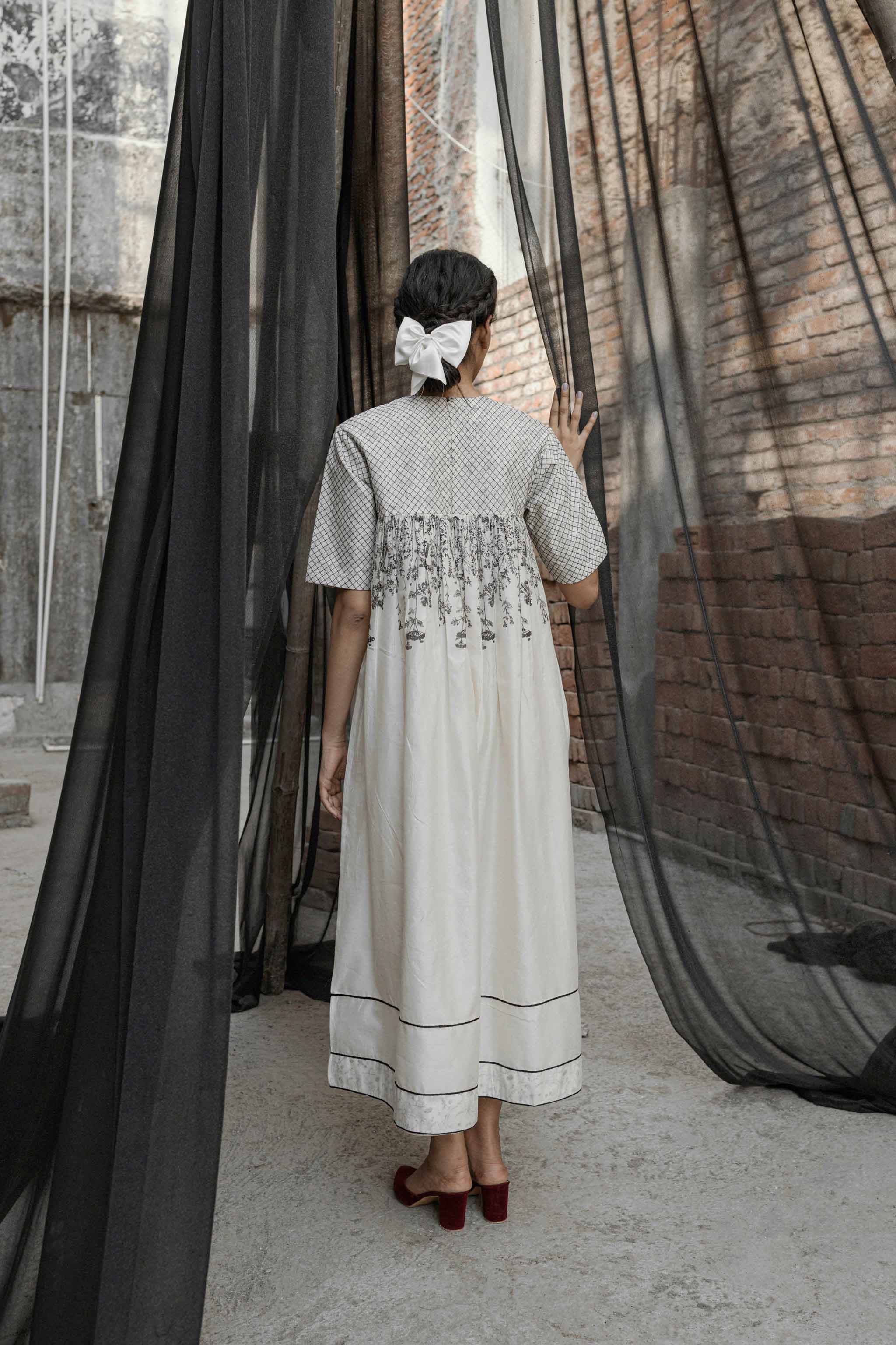 White Chanderi Maxi Dress at Kamakhyaa by Ahmev. This item is Casual Wear, Chanderi, FB ADS JUNE, Ink And Ivory, Maxi Dresses, Natural, Prints, Relaxed Fit, White, Womenswear