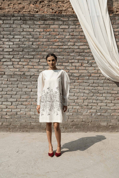 White Chanderi Mini Dress at Kamakhyaa by Ahmev. This item is Best Selling, Casual Wear, Chanderi, FB ADS JUNE, Ink And Ivory, Mini Dresses, Natural, Prints, Relaxed Fit, White, Womenswear