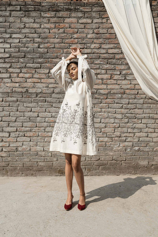 White Chanderi Mini Dress at Kamakhyaa by Ahmev. This item is Best Selling, Casual Wear, Chanderi, FB ADS JUNE, Ink And Ivory, Mini Dresses, Natural, Prints, Relaxed Fit, White, Womenswear
