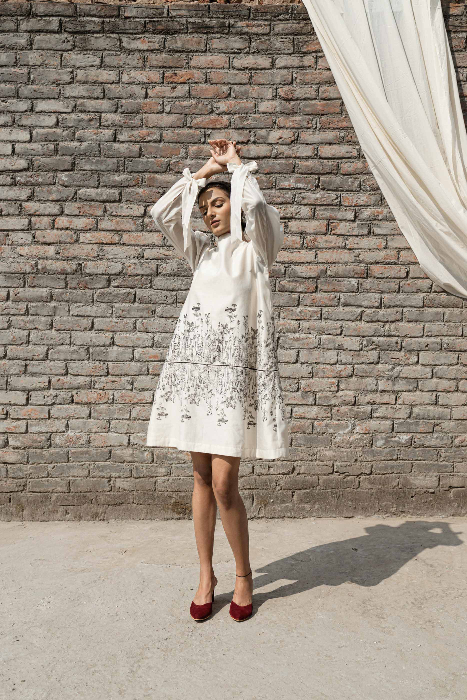 White Chanderi Mini Dress at Kamakhyaa by Ahmev. This item is Best Selling, Casual Wear, Chanderi, FB ADS JUNE, Ink And Ivory, Mini Dresses, Natural, Prints, Relaxed Fit, White, Womenswear