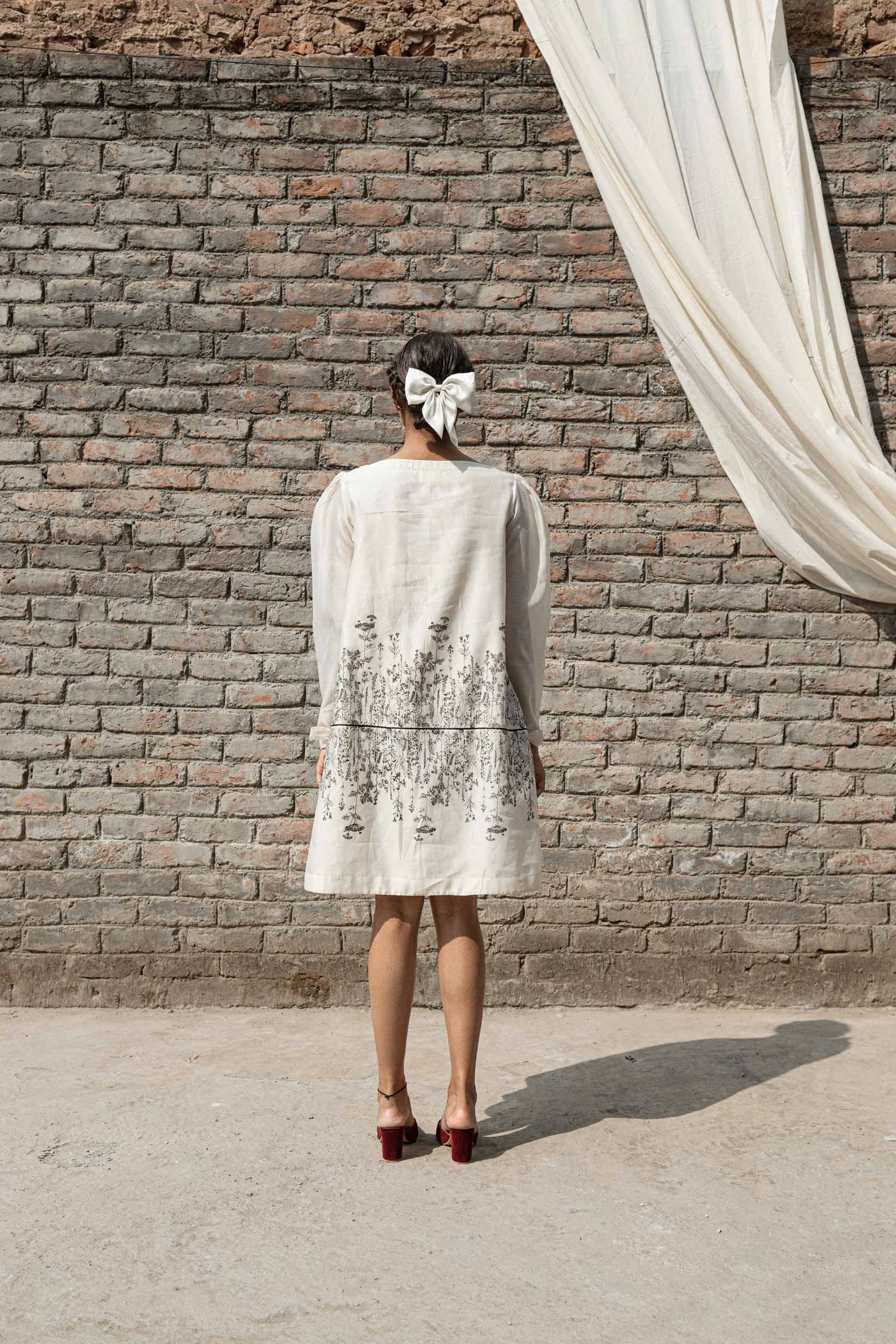 White Chanderi Mini Dress at Kamakhyaa by Ahmev. This item is Best Selling, Casual Wear, Chanderi, FB ADS JUNE, Ink And Ivory, Mini Dresses, Natural, Prints, Relaxed Fit, White, Womenswear