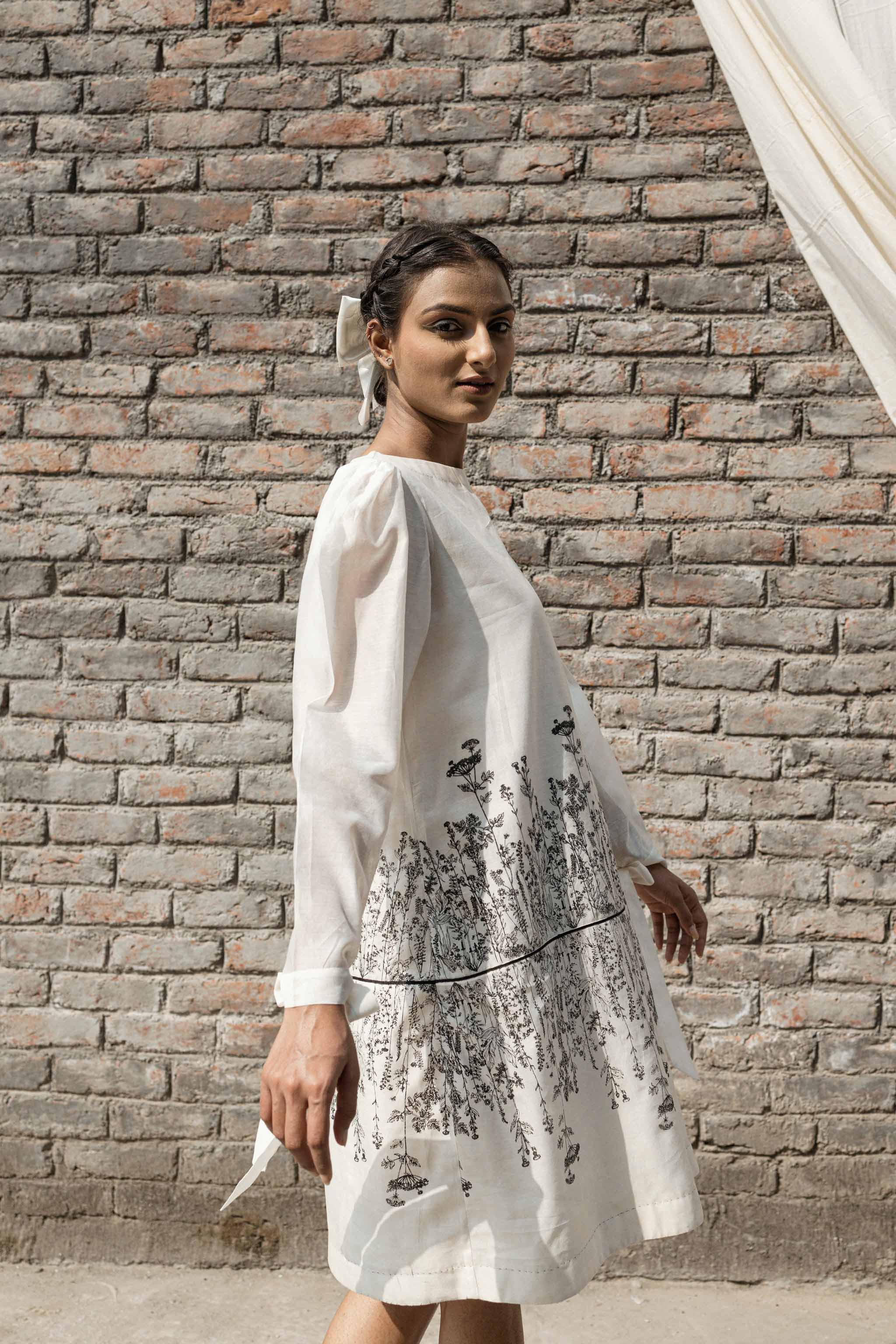 White Chanderi Mini Dress at Kamakhyaa by Ahmev. This item is Best Selling, Casual Wear, Chanderi, FB ADS JUNE, Ink And Ivory, Mini Dresses, Natural, Prints, Relaxed Fit, White, Womenswear