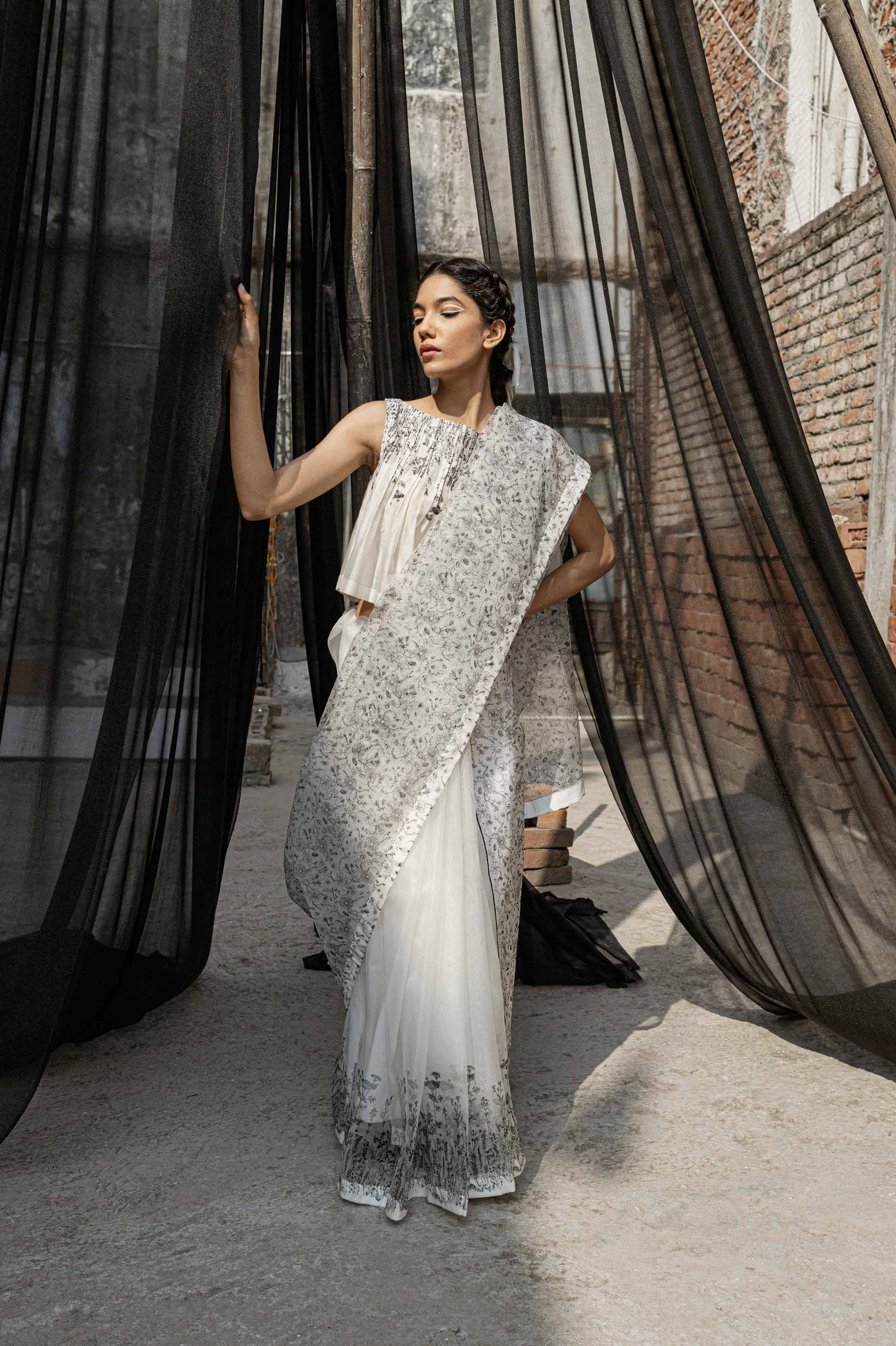 White Chanderi Pleated Top at Kamakhyaa by Ahmev. This item is Best Selling, Casual Wear, Chanderi, Crop Tops, Ink And Ivory, Natural, Prints, Relaxed Fit, White, Womenswear