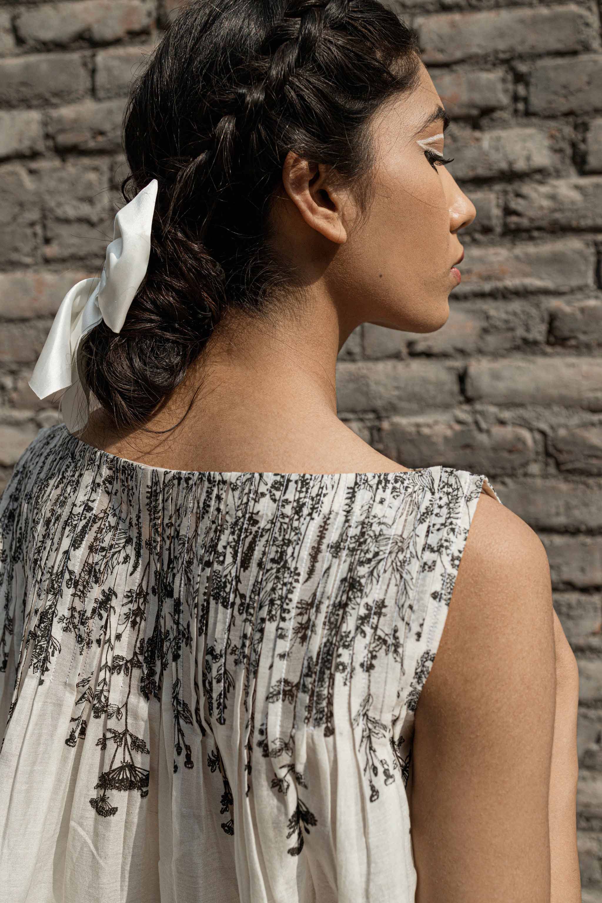 White Chanderi Pleated Top at Kamakhyaa by Ahmev. This item is Best Selling, Casual Wear, Chanderi, Crop Tops, Ink And Ivory, Natural, Prints, Relaxed Fit, White, Womenswear