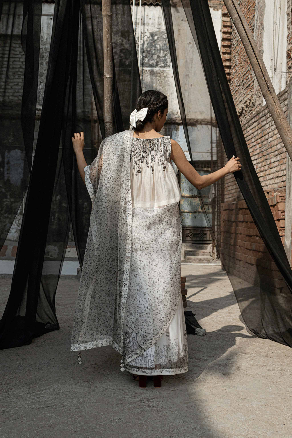 White Chanderi Pleated Top at Kamakhyaa by Ahmev. This item is Best Selling, Casual Wear, Chanderi, Crop Tops, Ink And Ivory, Natural, Prints, Relaxed Fit, White, Womenswear