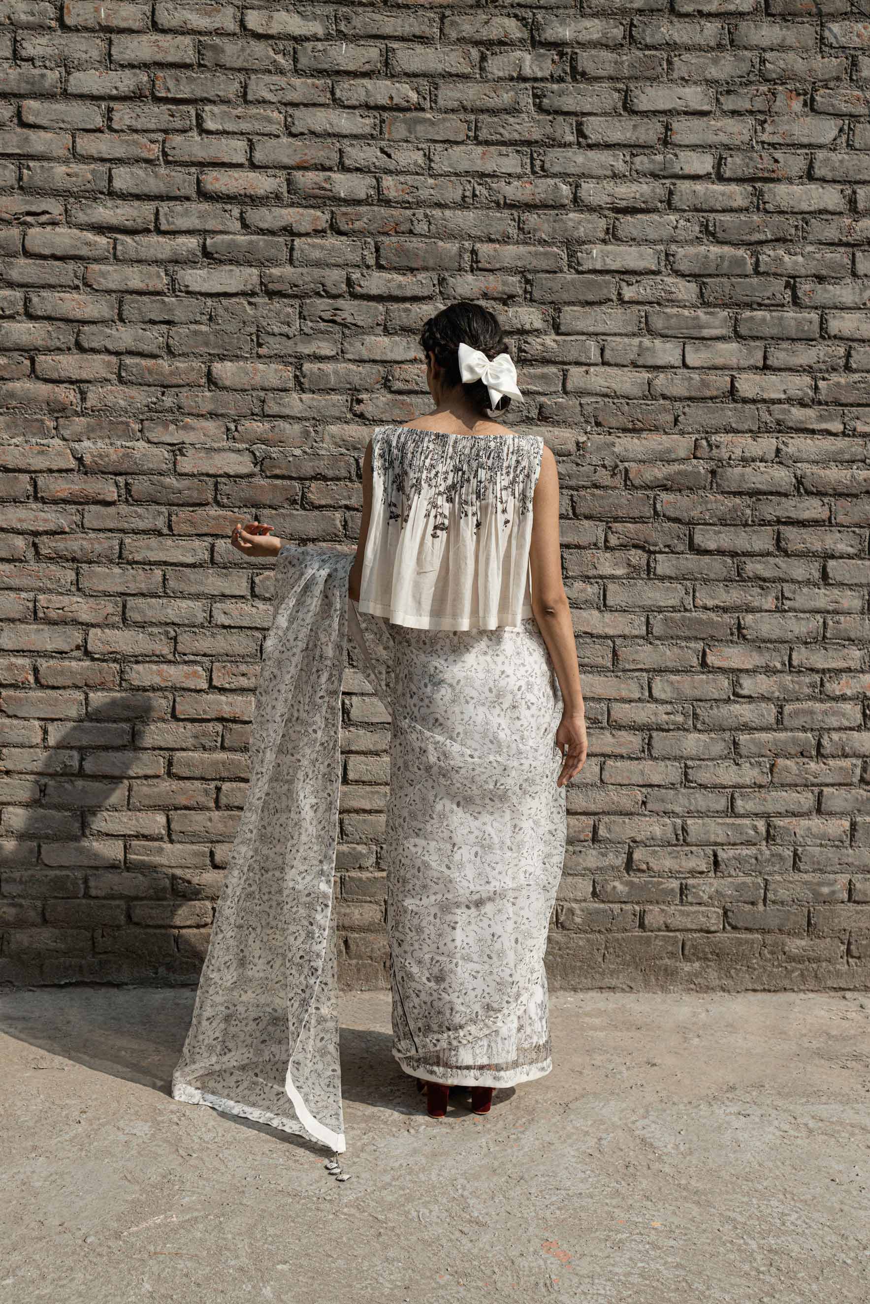 White Chanderi Pleated Top at Kamakhyaa by Ahmev. This item is Best Selling, Casual Wear, Chanderi, Crop Tops, Ink And Ivory, Natural, Prints, Relaxed Fit, White, Womenswear