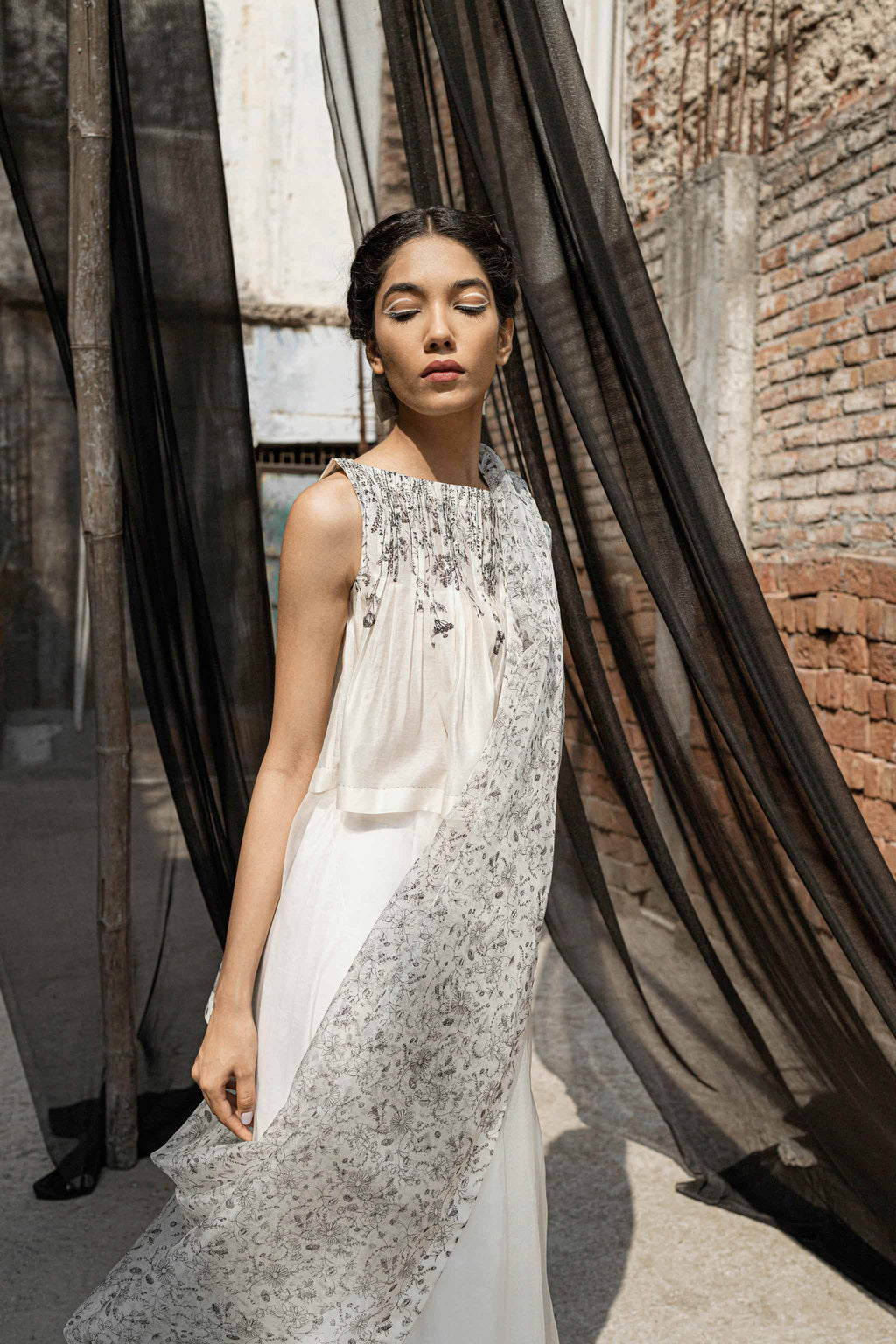 White Chanderi Pleated Top at Kamakhyaa by Ahmev. This item is Best Selling, Casual Wear, Chanderi, Crop Tops, Ink And Ivory, Natural, Prints, Relaxed Fit, White, Womenswear