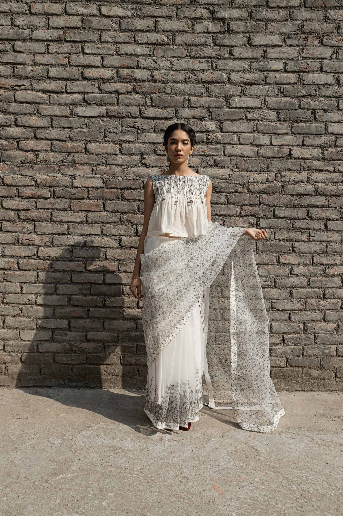White Chanderi Pleated Top at Kamakhyaa by Ahmev. This item is Best Selling, Casual Wear, Chanderi, Crop Tops, Ink And Ivory, Natural, Prints, Relaxed Fit, White, Womenswear
