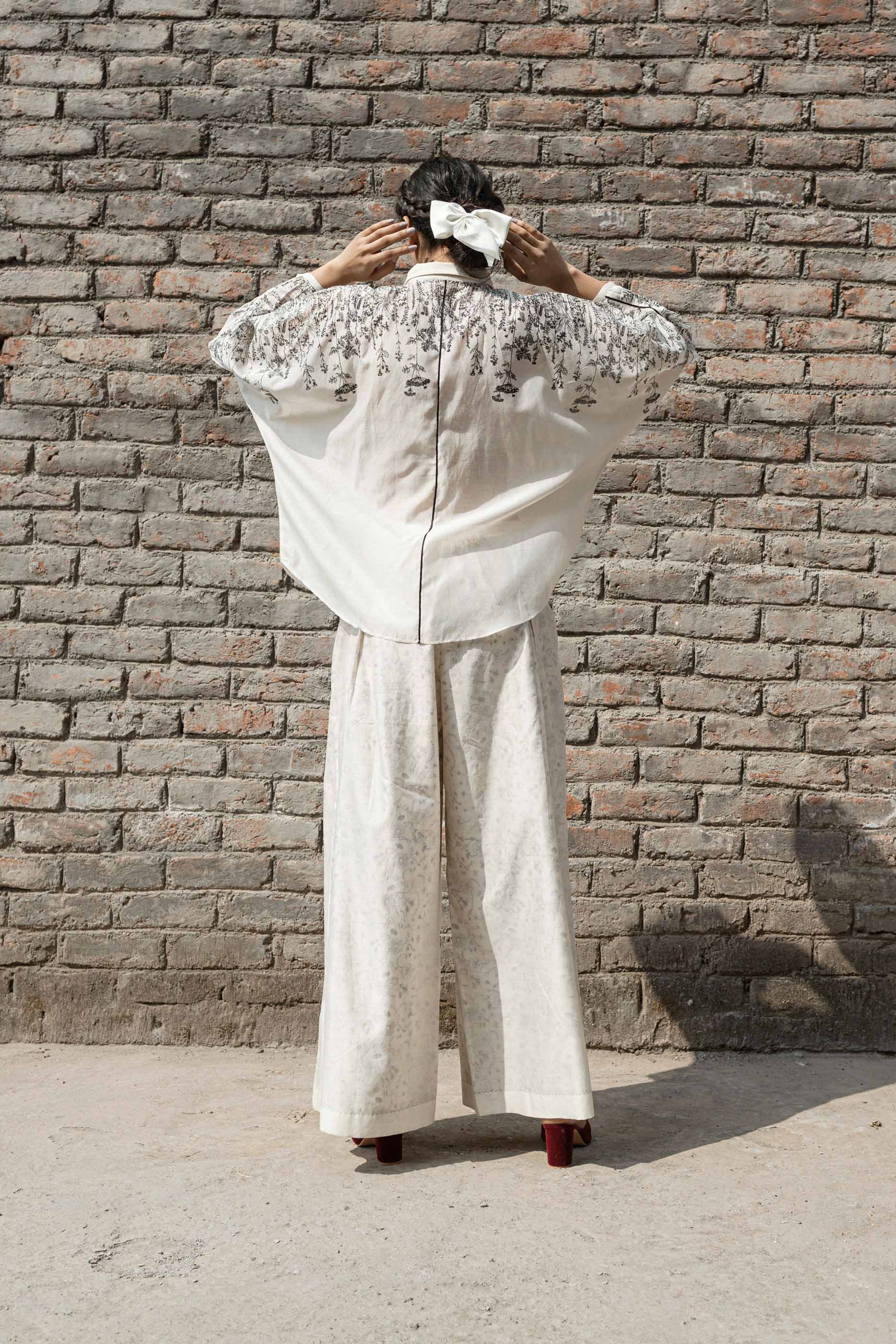 White Chanderi Shirt at Kamakhyaa by Ahmev. This item is Casual Wear, Chanderi, Ink And Ivory, Natural, Prints, Relaxed Fit, Shirts, White, Womenswear