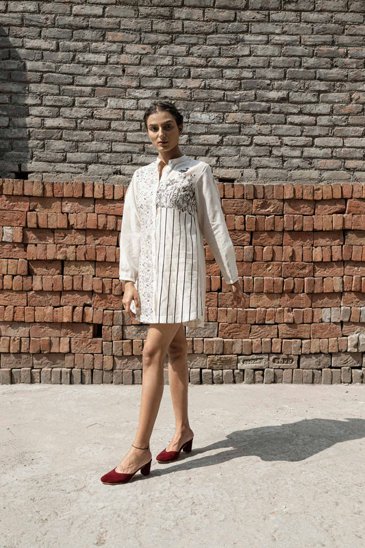White Chanderi Shirt at Kamakhyaa by Ahmev. This item is Casual Wear, Chanderi, Ink And Ivory, Natural, Prints, Regular Fit, Shirts, White, Womenswear