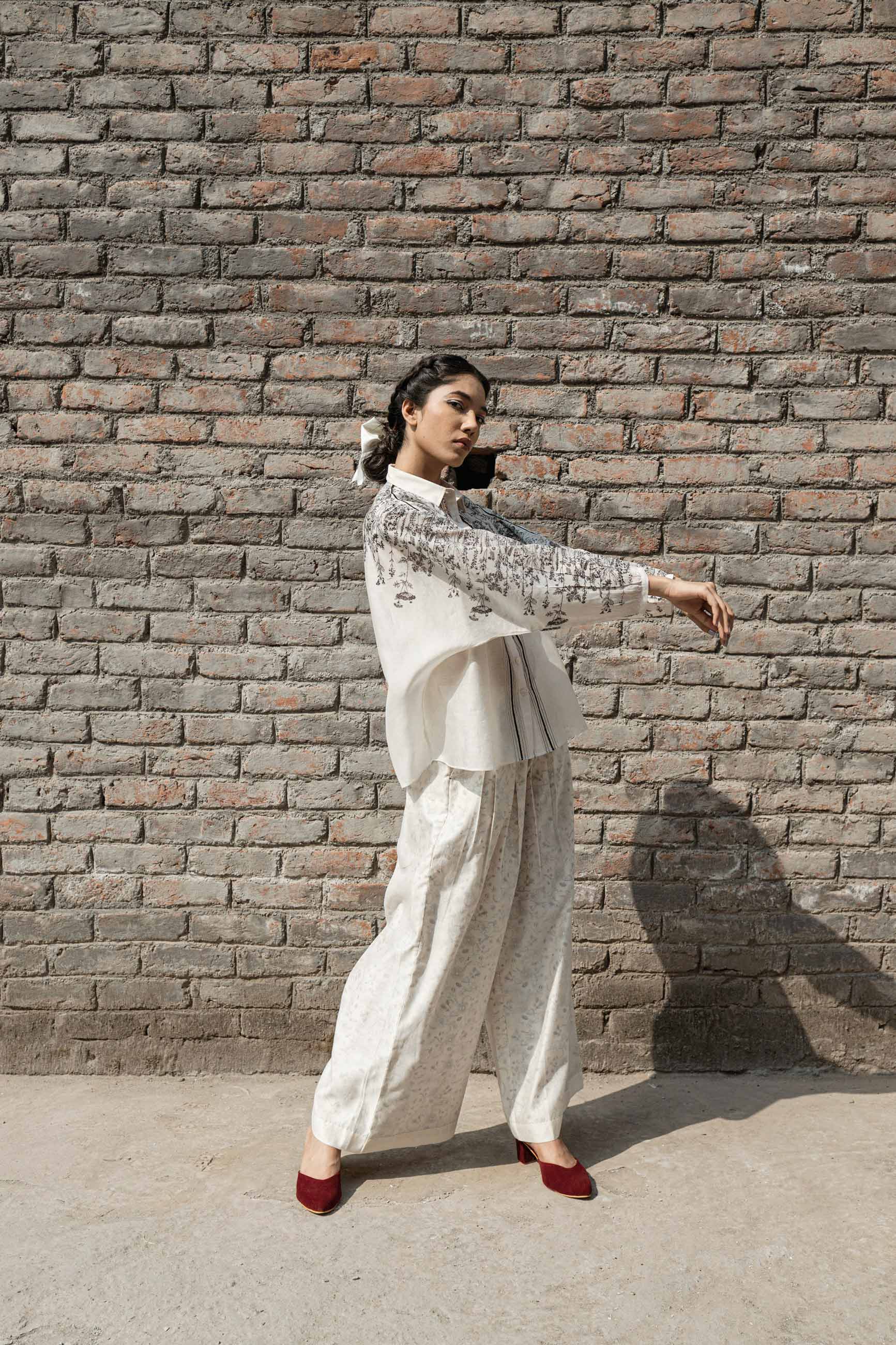 White Chanderi Shirt at Kamakhyaa by Ahmev. This item is Casual Wear, Chanderi, Ink And Ivory, Natural, Prints, Relaxed Fit, Shirts, White, Womenswear