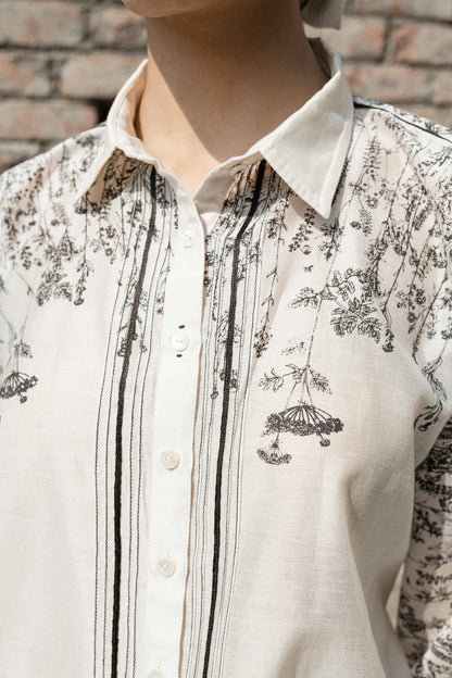 White Chanderi Shirt at Kamakhyaa by Ahmev. This item is Casual Wear, Chanderi, Ink And Ivory, Natural, Prints, Relaxed Fit, Shirts, White, Womenswear