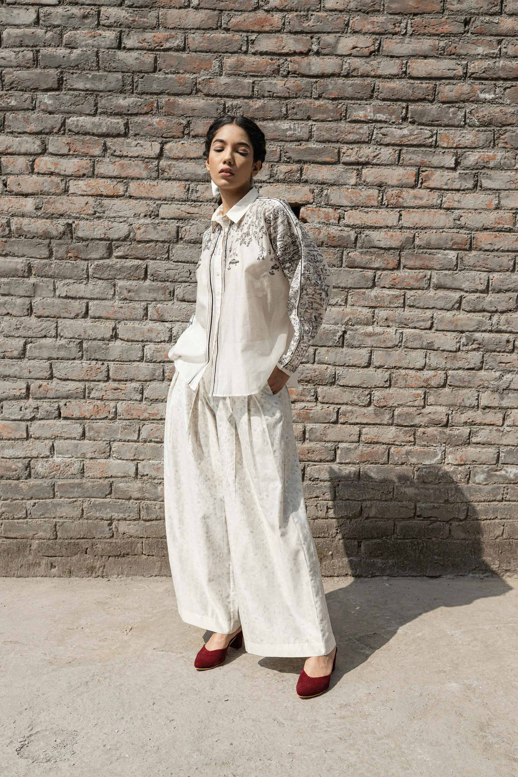 White Chanderi Shirt at Kamakhyaa by Ahmev. This item is Casual Wear, Chanderi, Ink And Ivory, Natural, Prints, Relaxed Fit, Shirts, White, Womenswear