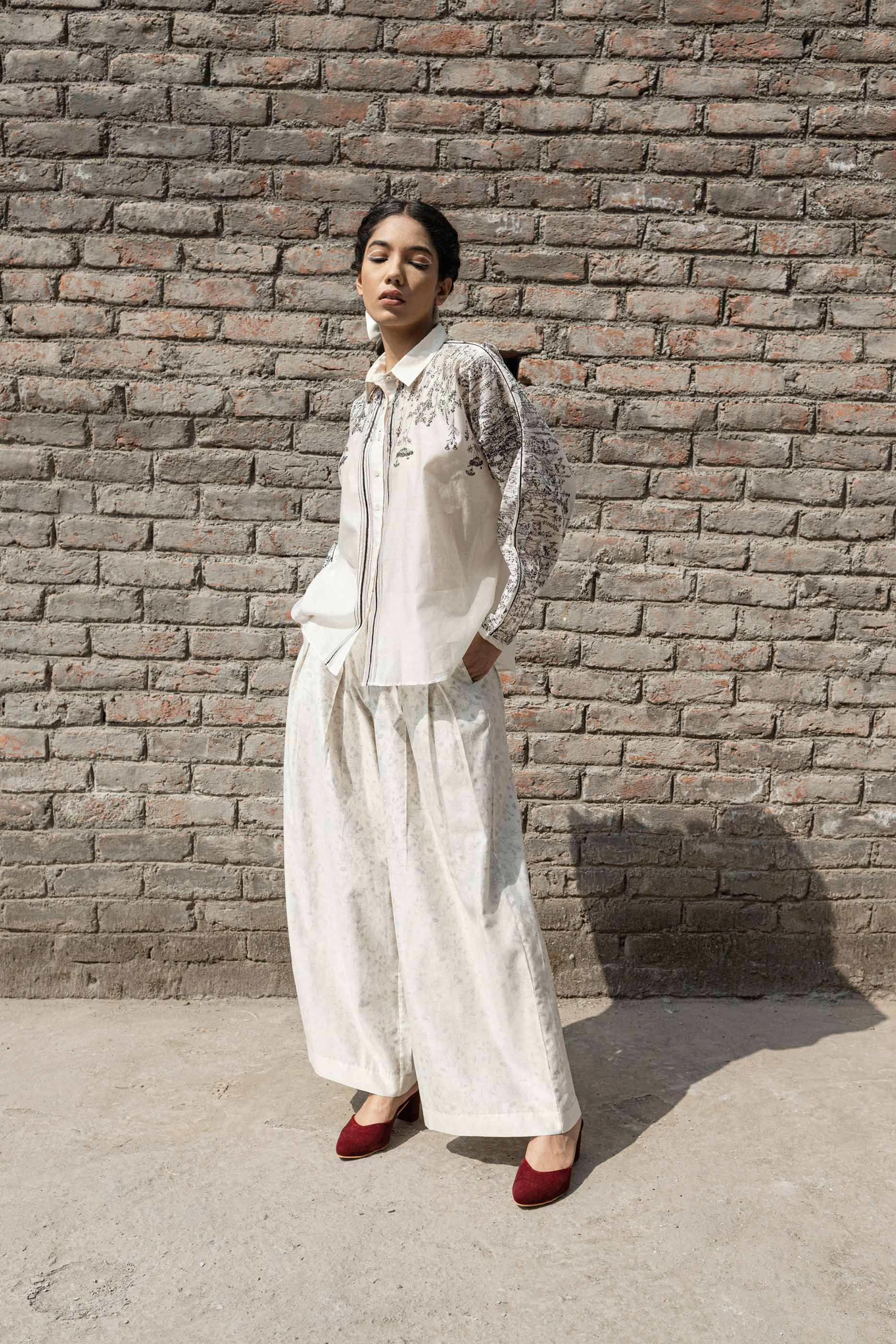 White Chanderi Shirt at Kamakhyaa by Ahmev. This item is Casual Wear, Chanderi, Ink And Ivory, Natural, Prints, Relaxed Fit, Shirts, White, Womenswear