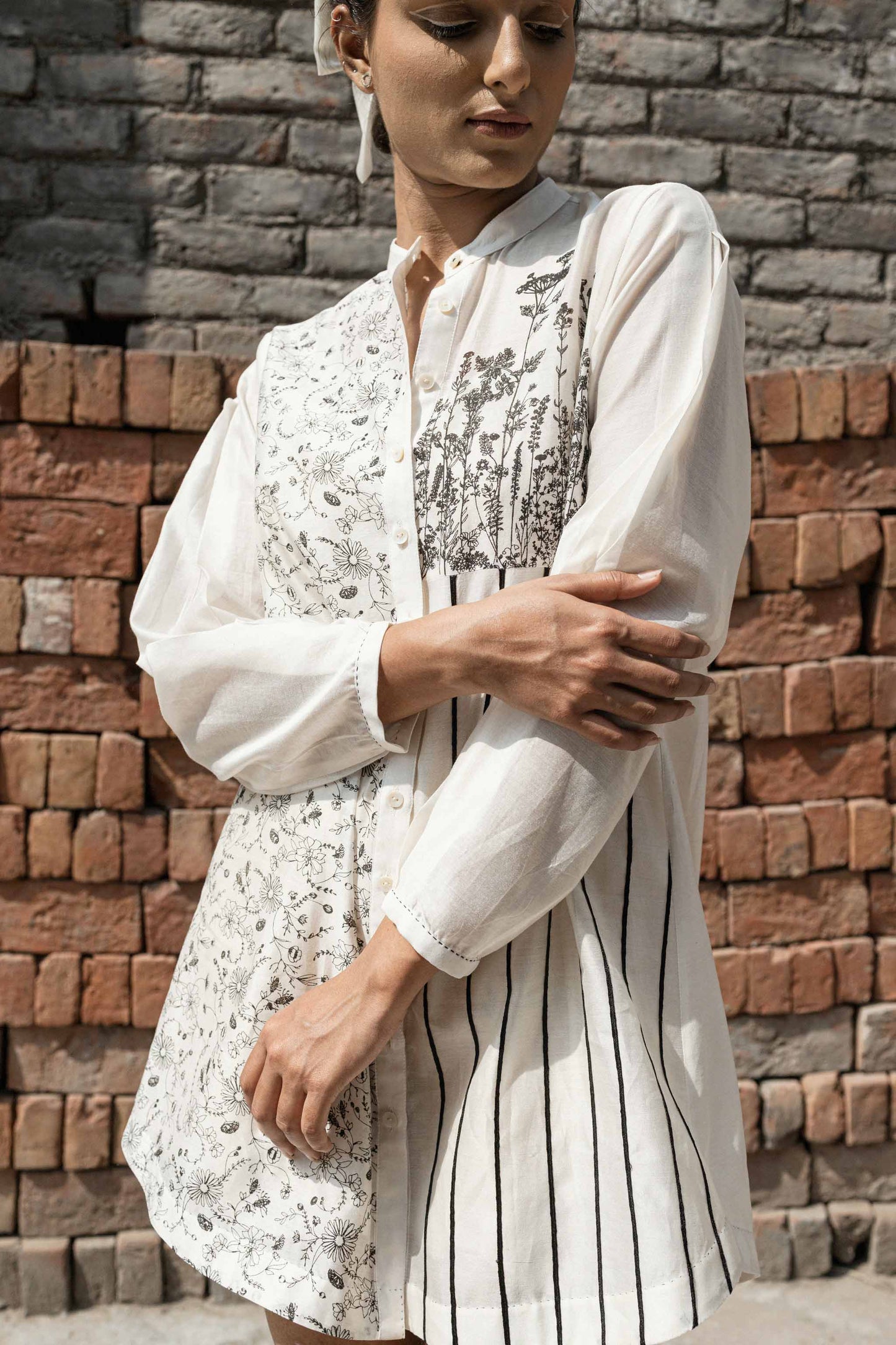 White Chanderi Shirt at Kamakhyaa by Ahmev. This item is Casual Wear, Chanderi, Ink And Ivory, Natural, Prints, Regular Fit, Shirts, White, Womenswear