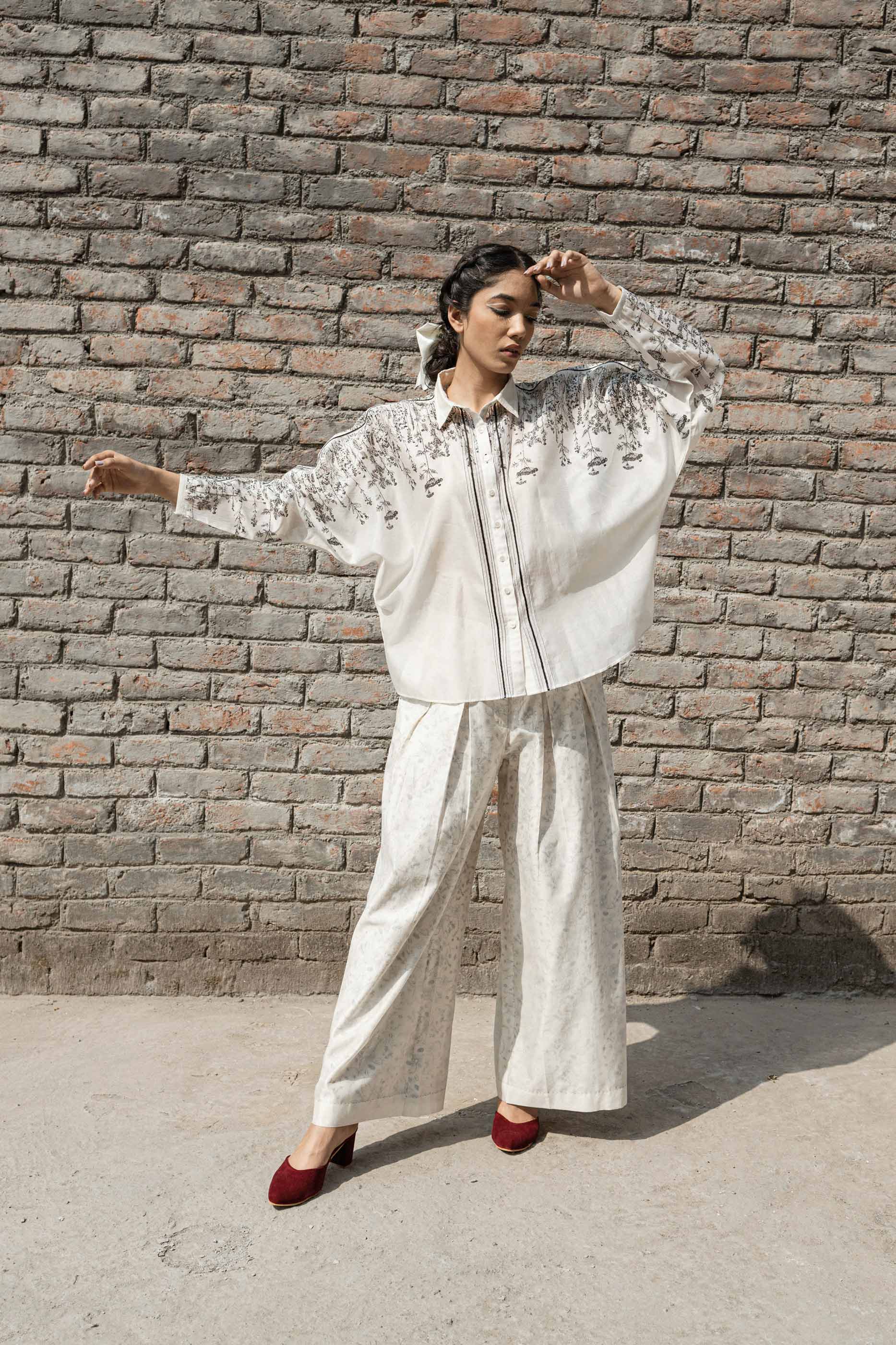 White Chanderi Shirt at Kamakhyaa by Ahmev. This item is Casual Wear, Chanderi, Ink And Ivory, Natural, Prints, Relaxed Fit, Shirts, White, Womenswear