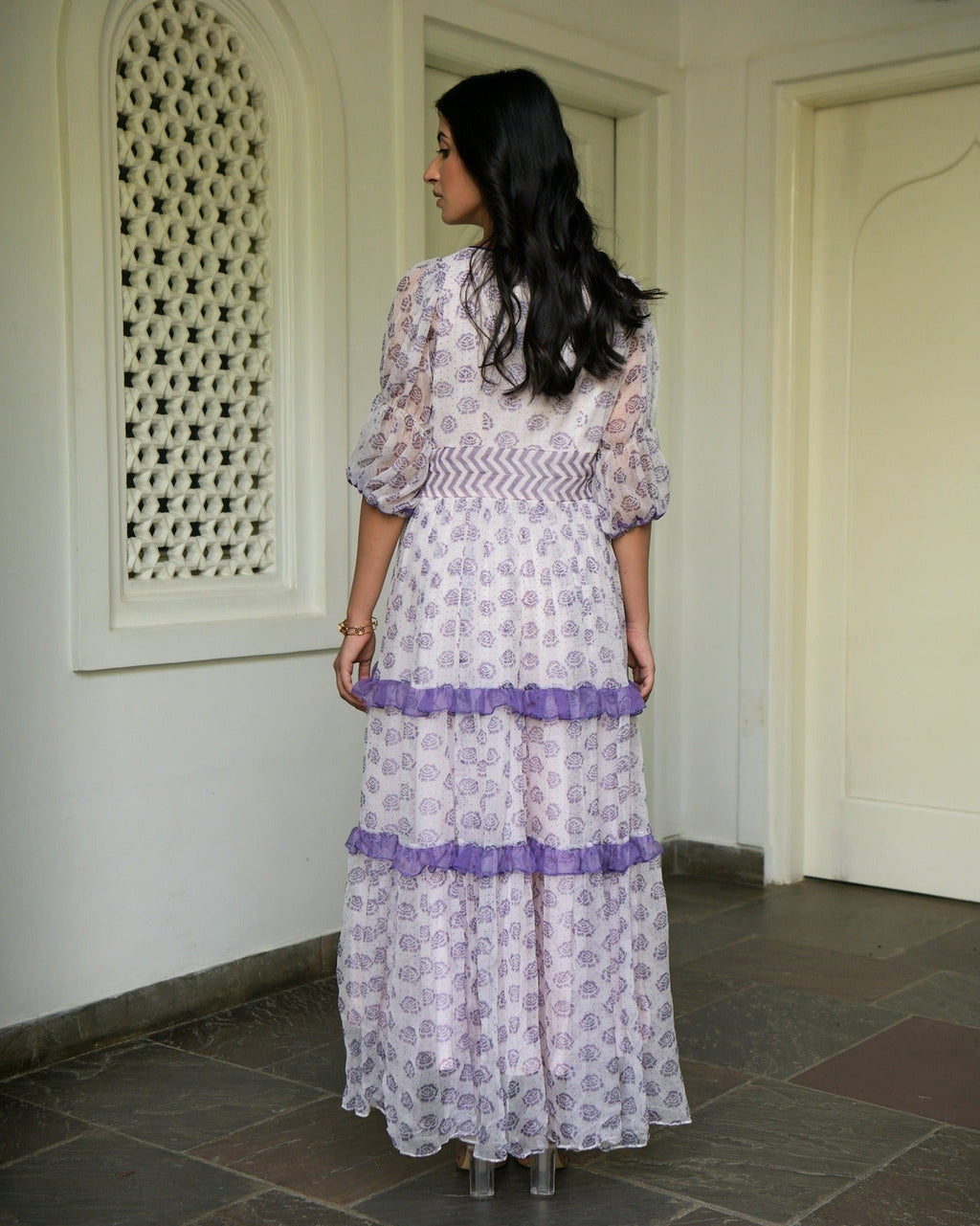 White Chiffon Printed Tiered Dress at Kamakhyaa by Taro. This item is Chiffon, Evening Wear, Handwoven cotton, Indo-Western, July Sale, July Sale 2023, Natural, Prints, Regular Fit, Tiered Dresses, White, Wildflower Taro, Womenswear