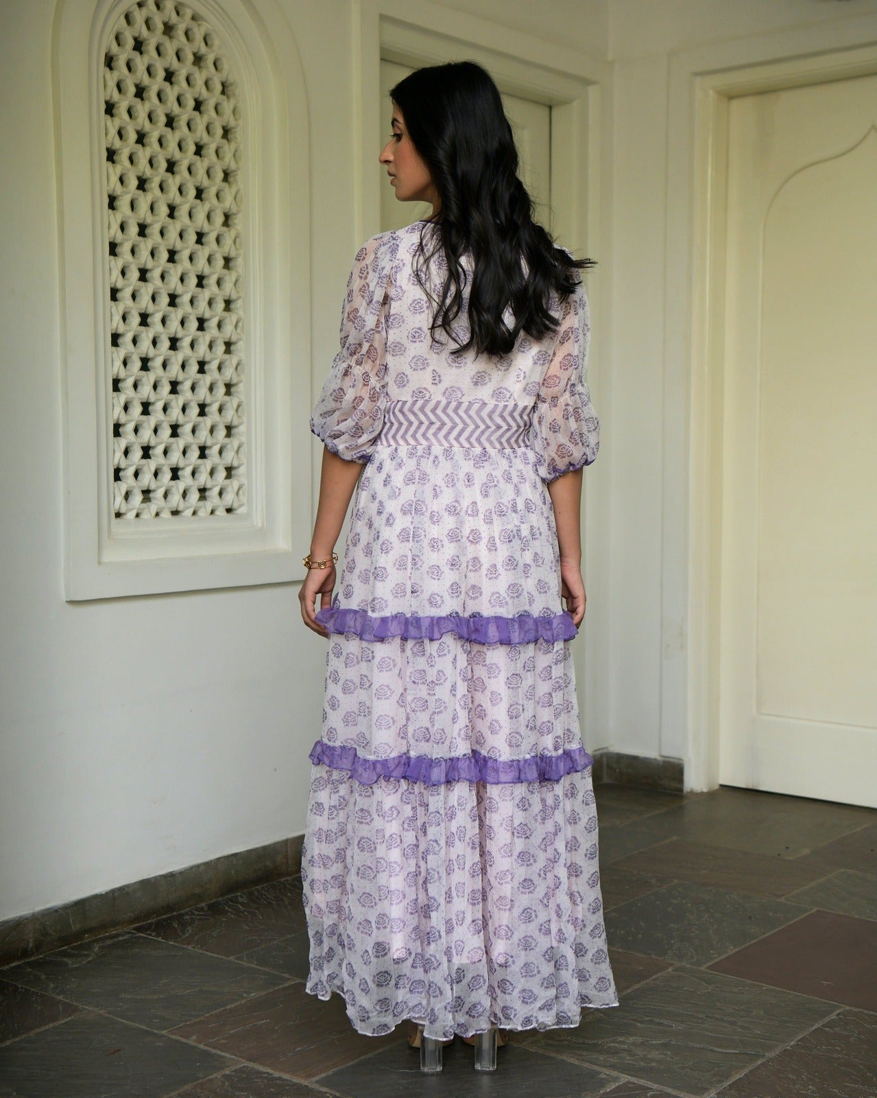 White Chiffon Printed Tiered Dress at Kamakhyaa by Taro. This item is Chiffon, Evening Wear, Handwoven cotton, Indo-Western, July Sale, July Sale 2023, Natural, Prints, Regular Fit, Tiered Dresses, White, Wildflower Taro, Womenswear