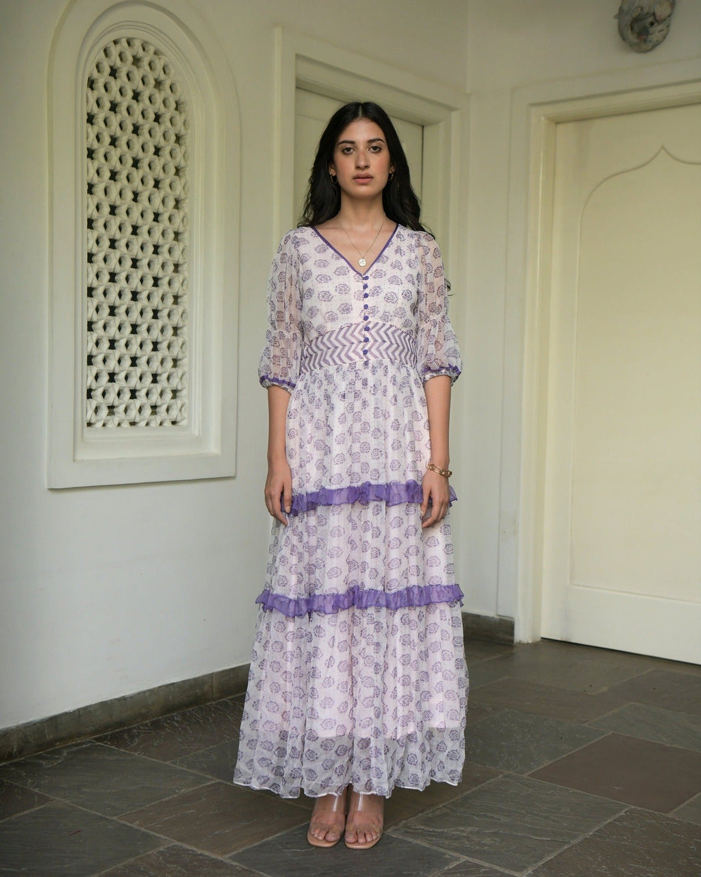 White Chiffon Printed Tiered Dress at Kamakhyaa by Taro. This item is Chiffon, Evening Wear, Handwoven cotton, Indo-Western, July Sale, July Sale 2023, Natural, Prints, Regular Fit, Tiered Dresses, White, Wildflower Taro, Womenswear